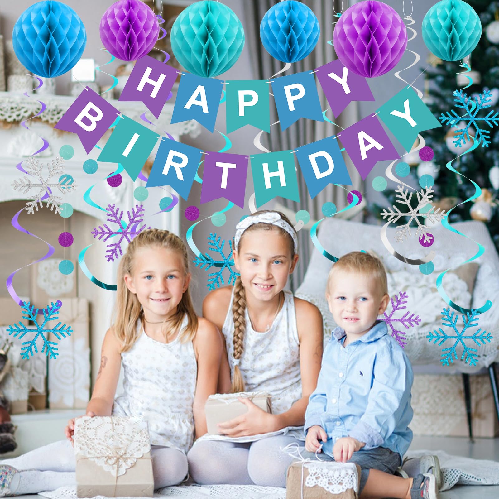 Meowtastic Frozen Birthday Party Decorations Kit - Happy Birthday Banner, Honeycomb Balls, Snowflake Hanging Swirls & Circle Dot Garlands - Winter Themed Birthday Decor for Boys & Girls - Perfect for Frozen Themed Parties, Winter Celebrations & Kids Birthday Decorations
