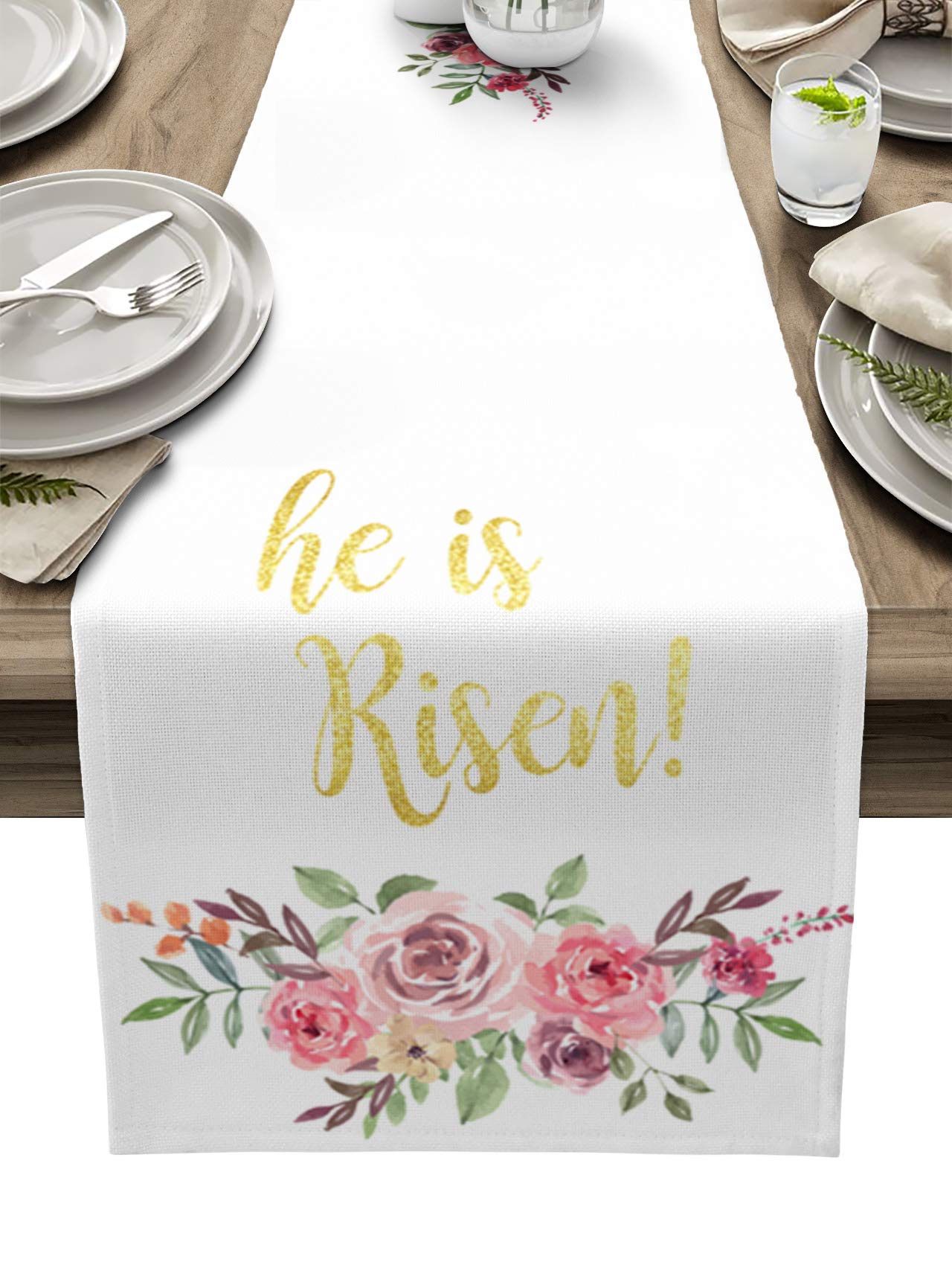 90 Inch Burlap Linen Table Runner - Easter Floral Spring Kitchen Dining Decor, Golden 'He is Risen' Blooming Flower Farmhouse Table Scarf for Coffee Table, Party, Banquet & Wedding Decorations