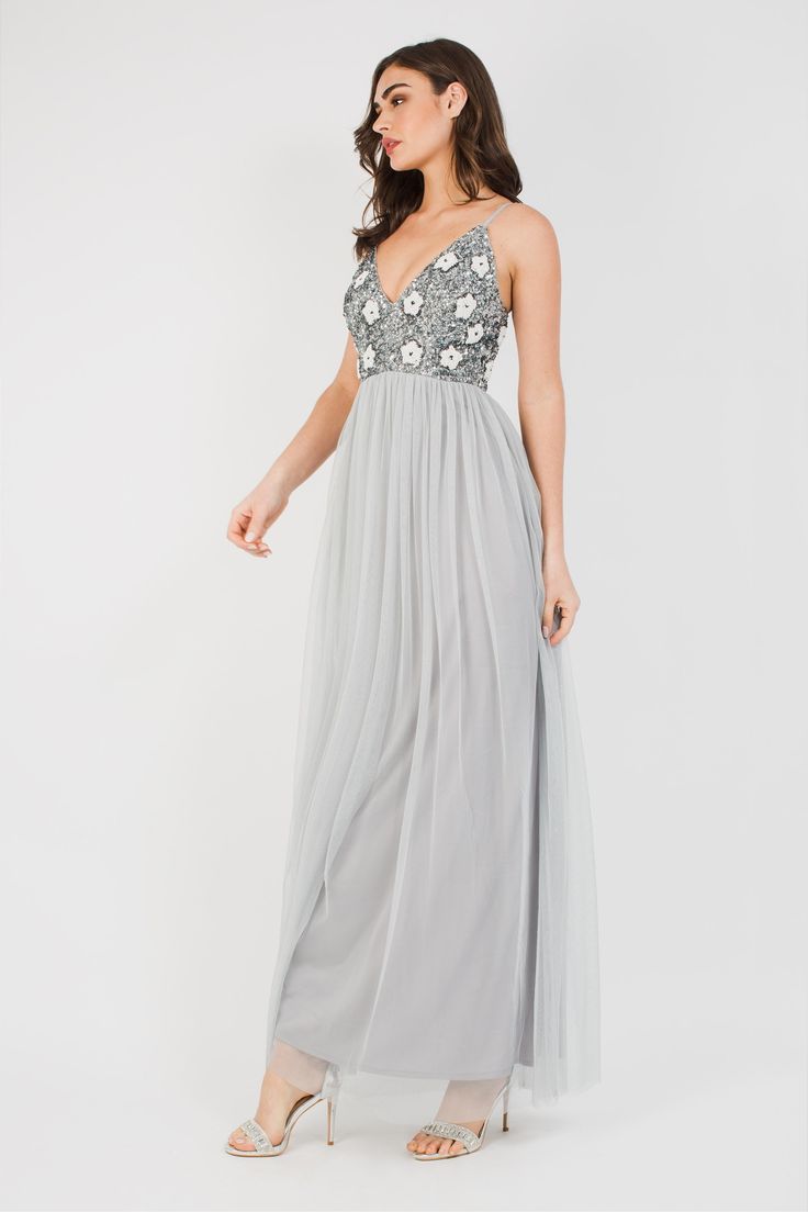 Avon Grey Bridesmaid Maxi Dress - Elegant Formal Gown for Weddings, Parties & Special Occasions
