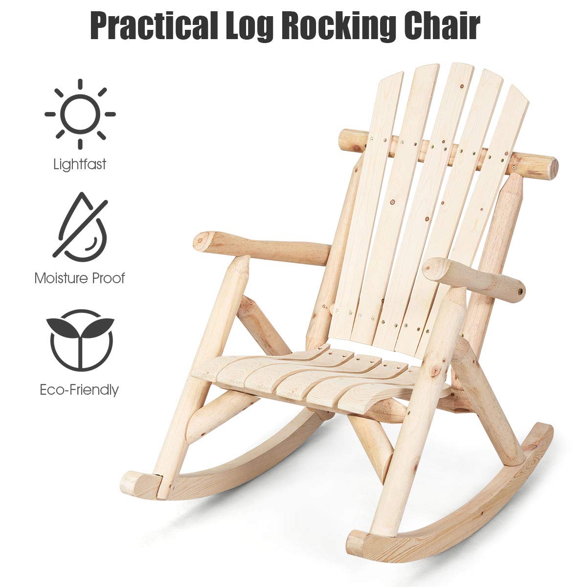 Giantex Solid Wood Adirondack Rocking Chair - Outdoor Patio Rocker with Slatted Seat & Backrest - Natural Wood Porch Swing for Garden, Balcony, Poolside & Backyard - Perfect for Relaxing, Reading & Enjoying Nature