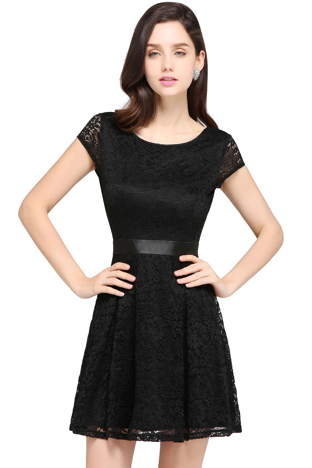 Elegant Black Lace Cocktail Dress with Belt - Mini A-Line V-Back Party Gown for Women | Perfect for Evening Parties, Weddings & Special Occasions