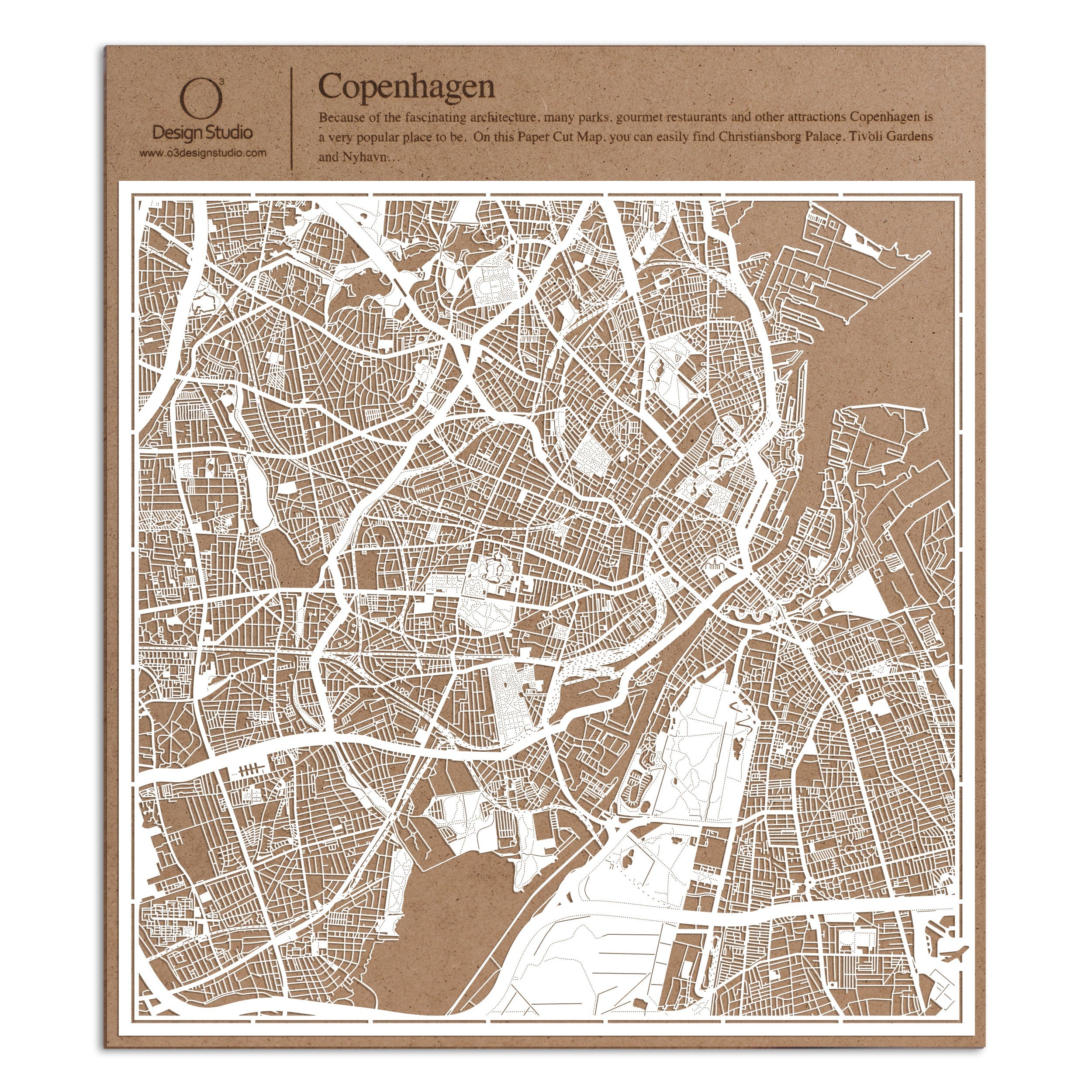 O3 Design Studio Copenhagen Paper Cut Map - 12x12 Inches White Paper Art Wall Decor for Home, Office & Gift Giving