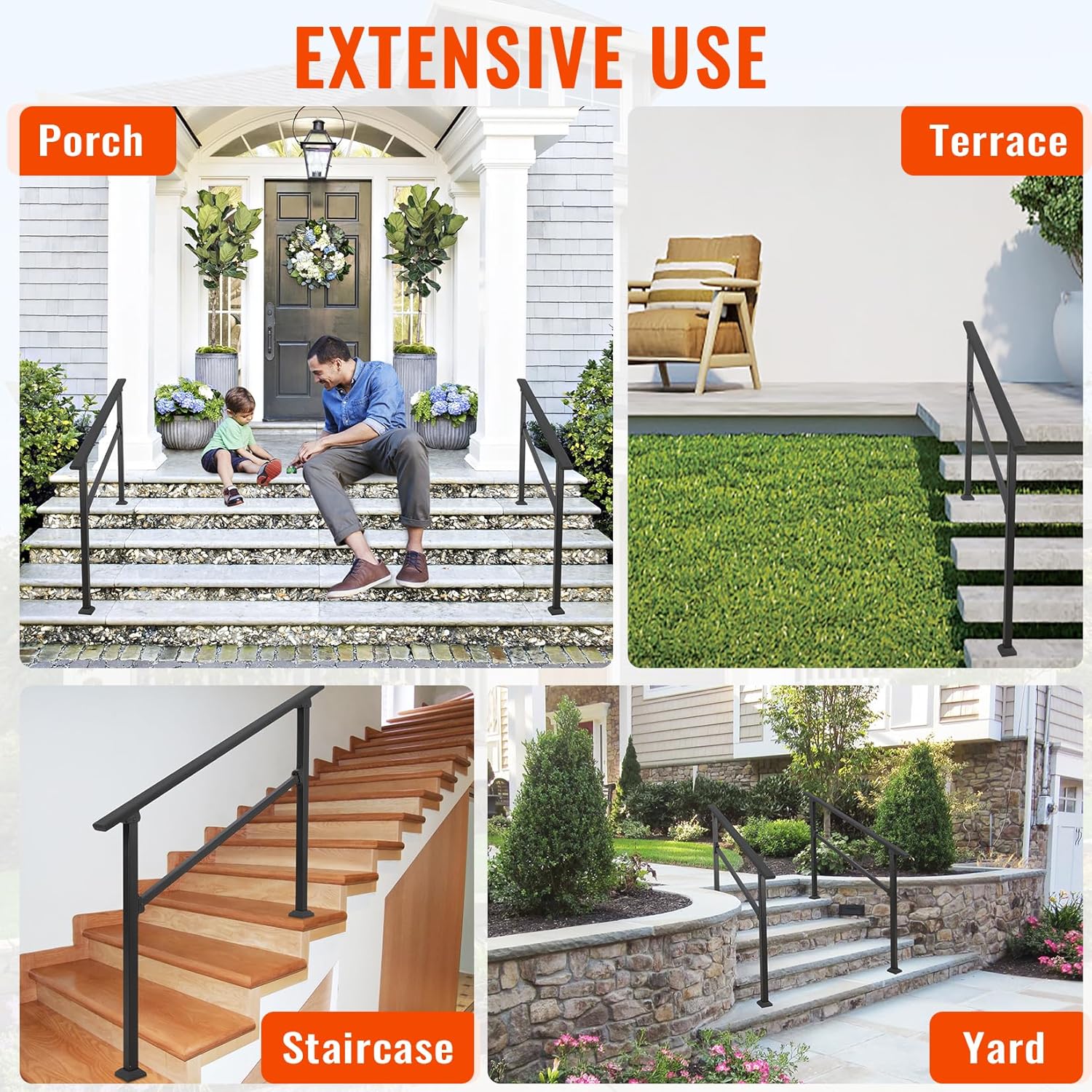 GARVEE 4-Step Outdoor Handrail - Durable Aluminum Alloy Stair Railing for Concrete Steps, Porch & Exterior Safety - Perfect for Home Entryways, Decks, and Patios (4 Steps)