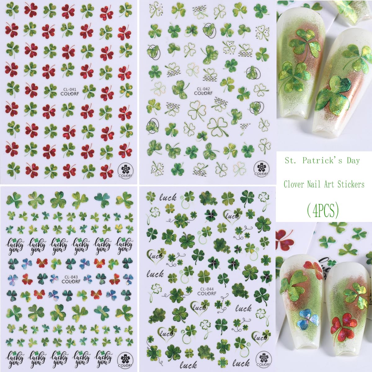 4 Sheets St. Patrick’s Day Nail Art Stickers - 3D Shamrock Clover Nail Decals for Women & Girls, Self-Adhesive Green & Red Irish Nail Designs - Perfect for Spring Parties, Nail Salons & DIY Manicures
