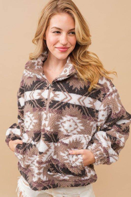 Blue B Aztec Teddy Mock Neck Zip Up Pullover Sweatshirt | Cozy Winter Fleece Hoodie for Women | Perfect for Casual Outfits, Lounge Wear & Street Style
