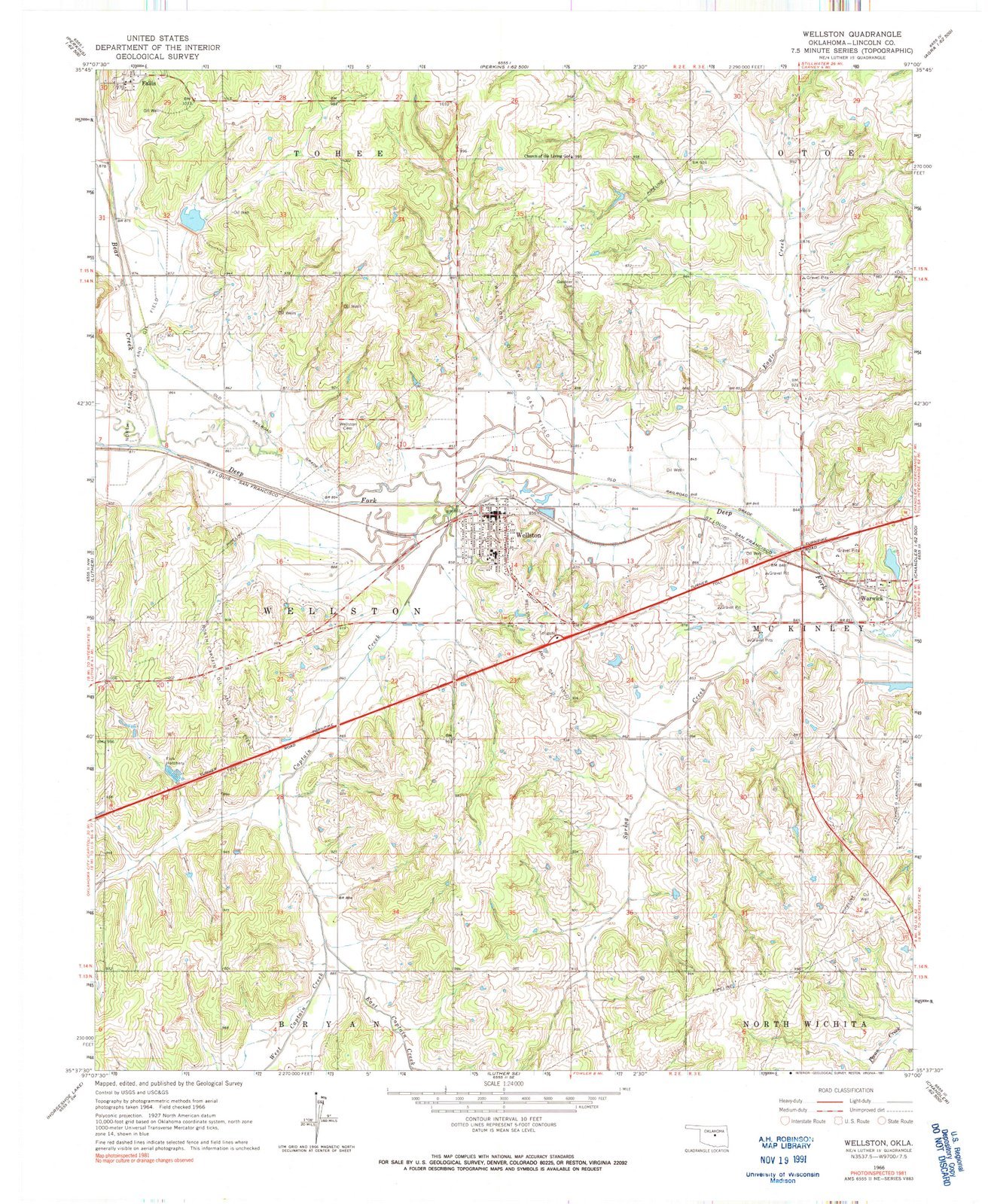 1966 Wellston, Oklahoma USGS Historical Topographic Map - Vintage Wall Art Decor (44x55 Inches) - Perfect for Home Office, Living Room & Classroom Decorations