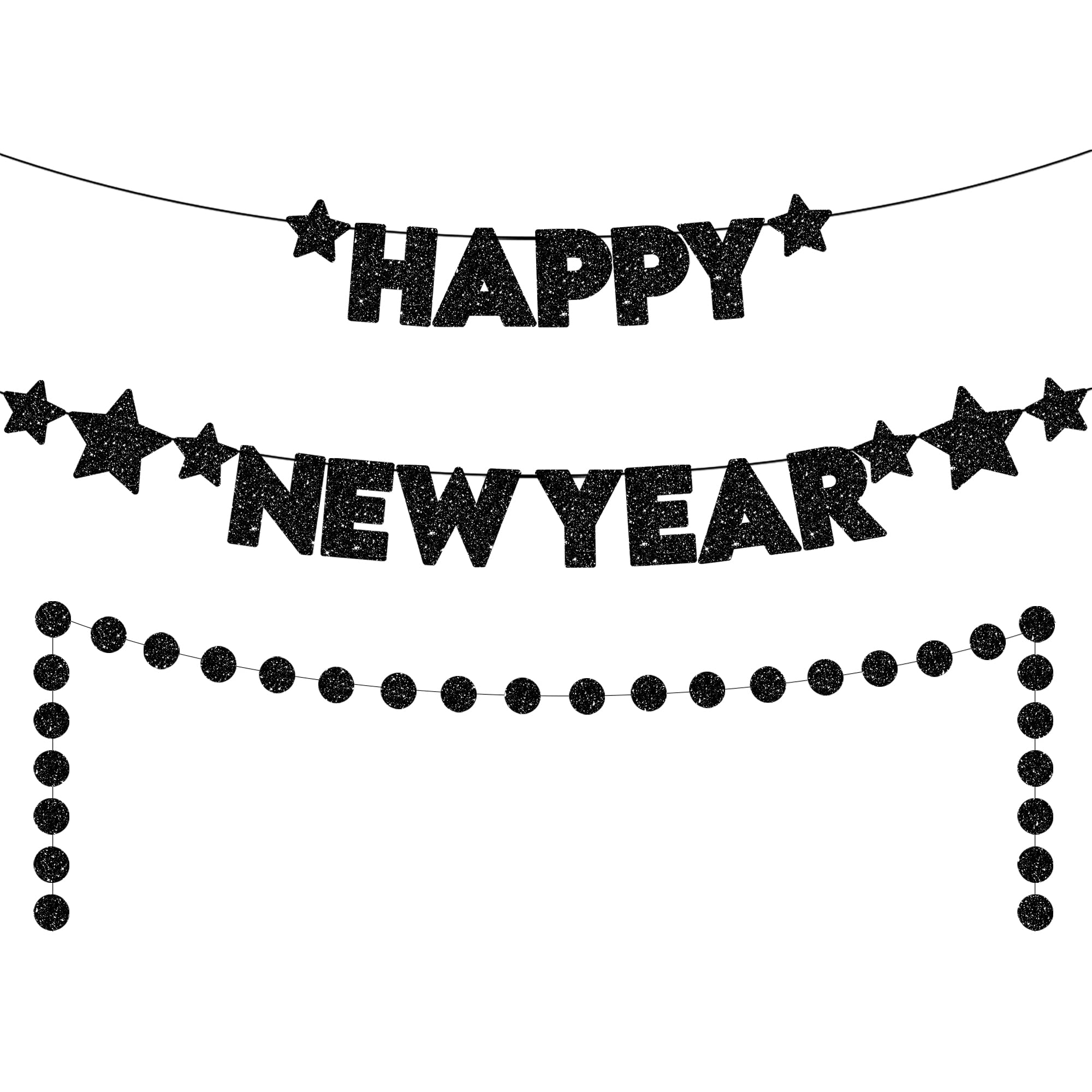 KatchOn 10ft Glitter Happy New Year Banner 2025 - Pre-Strung Black NYE Party Decor | New Year's Eve Sign, Garland & Celebration Supplies for Home, Office & Event Decorations