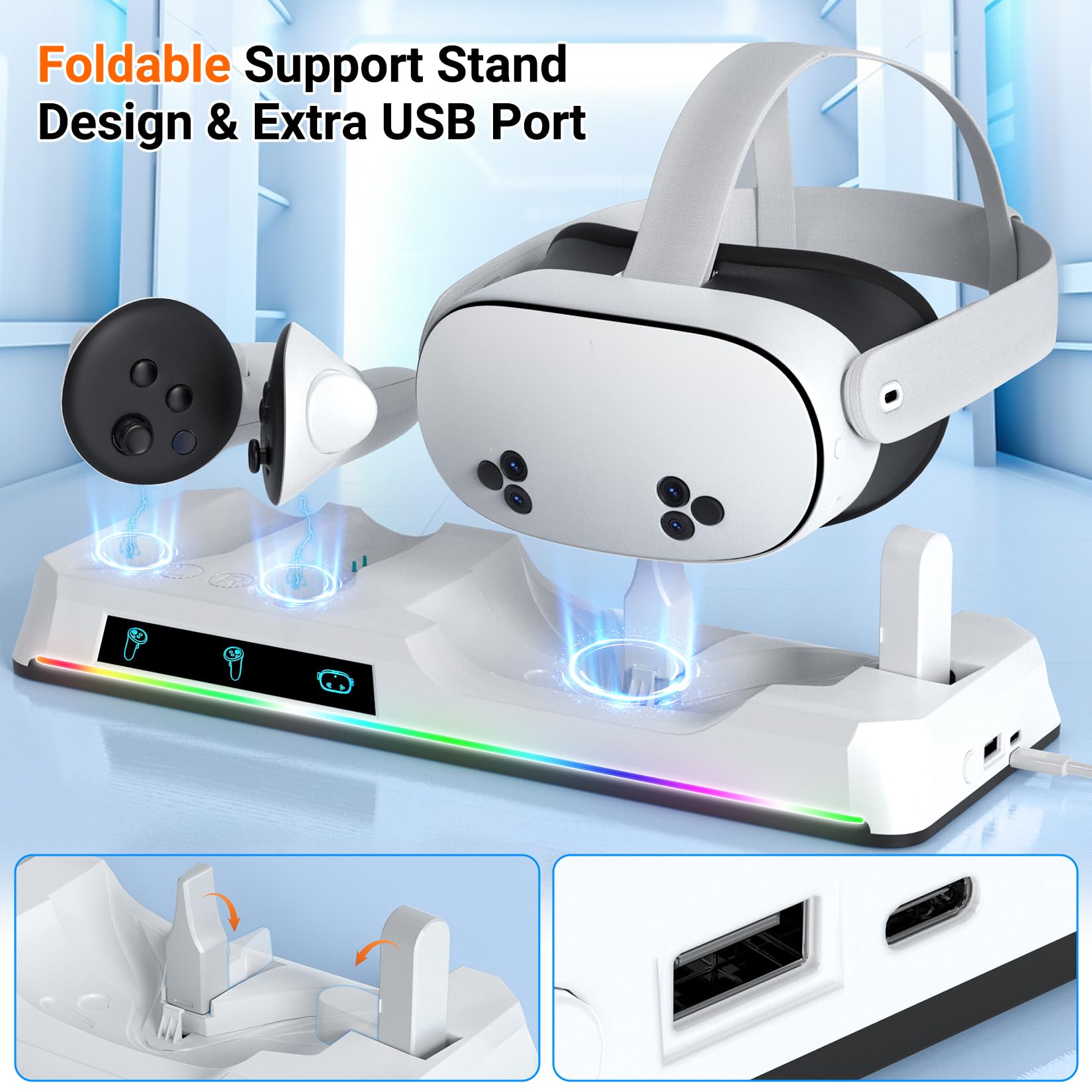 Magnetic VR Charging Dock for Oculus Quest 3/3S with 2 Rechargeable Batteries - Fast Charging Station for Oculus Quest 3S/3 Accessories, VR Headset & Controller - LED Indicator for Gaming & VR Entertainment