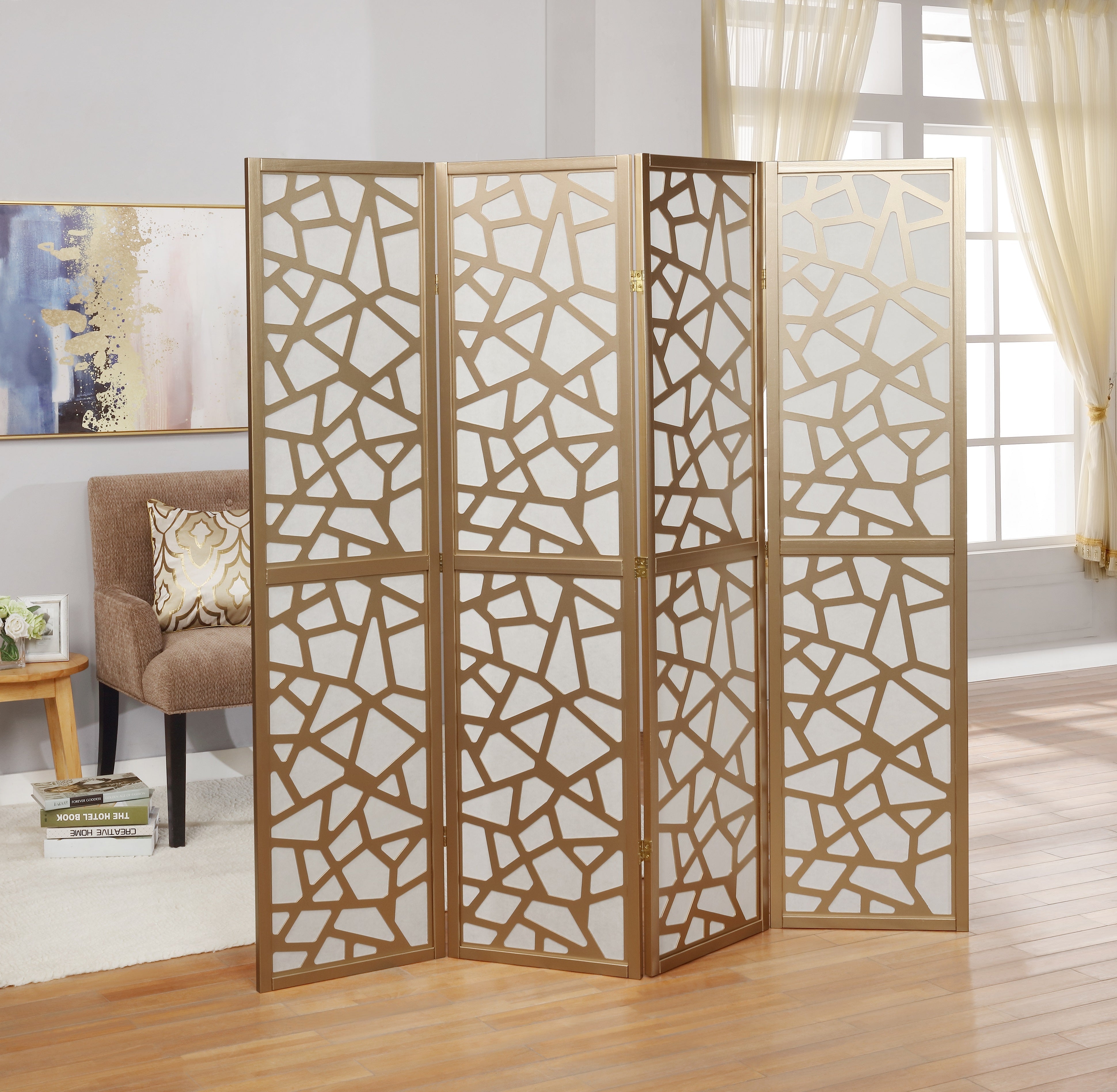 Roundhill Furniture Giyano 4-Panel Folding Room Divider - Gold Decorative Privacy Screen for Home, Office, or Event Spaces