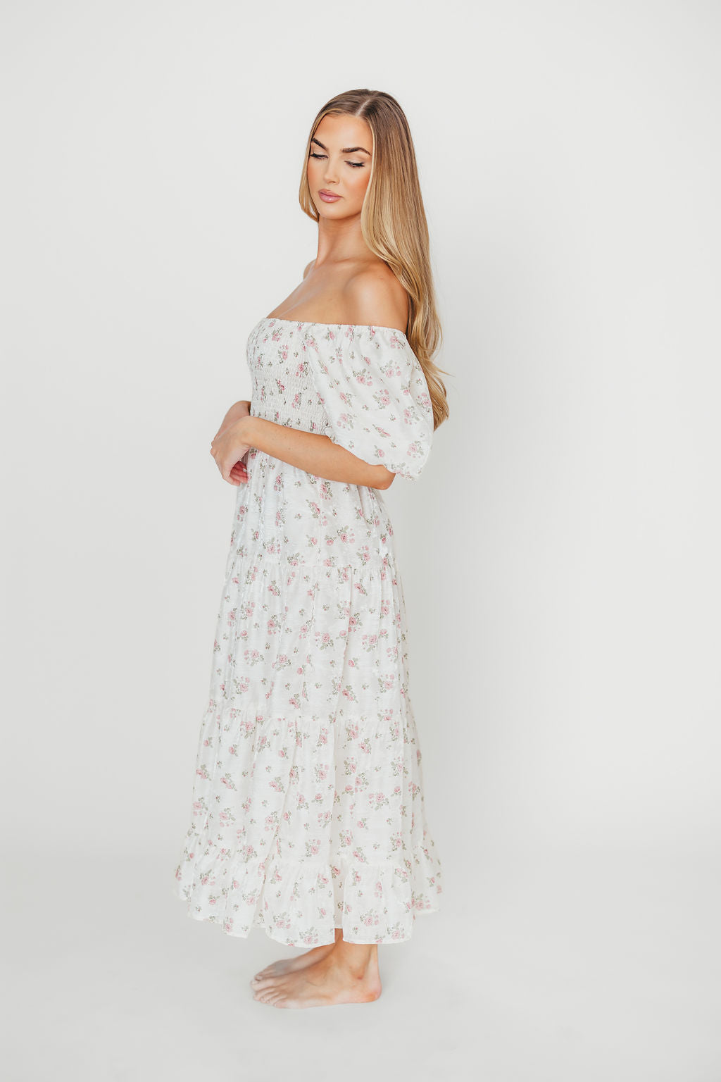 Mia Midi Dress in Ivory & Pink Floral Print - Elegant Summer Dress for Women, Perfect for Weddings, Parties & Casual Outings