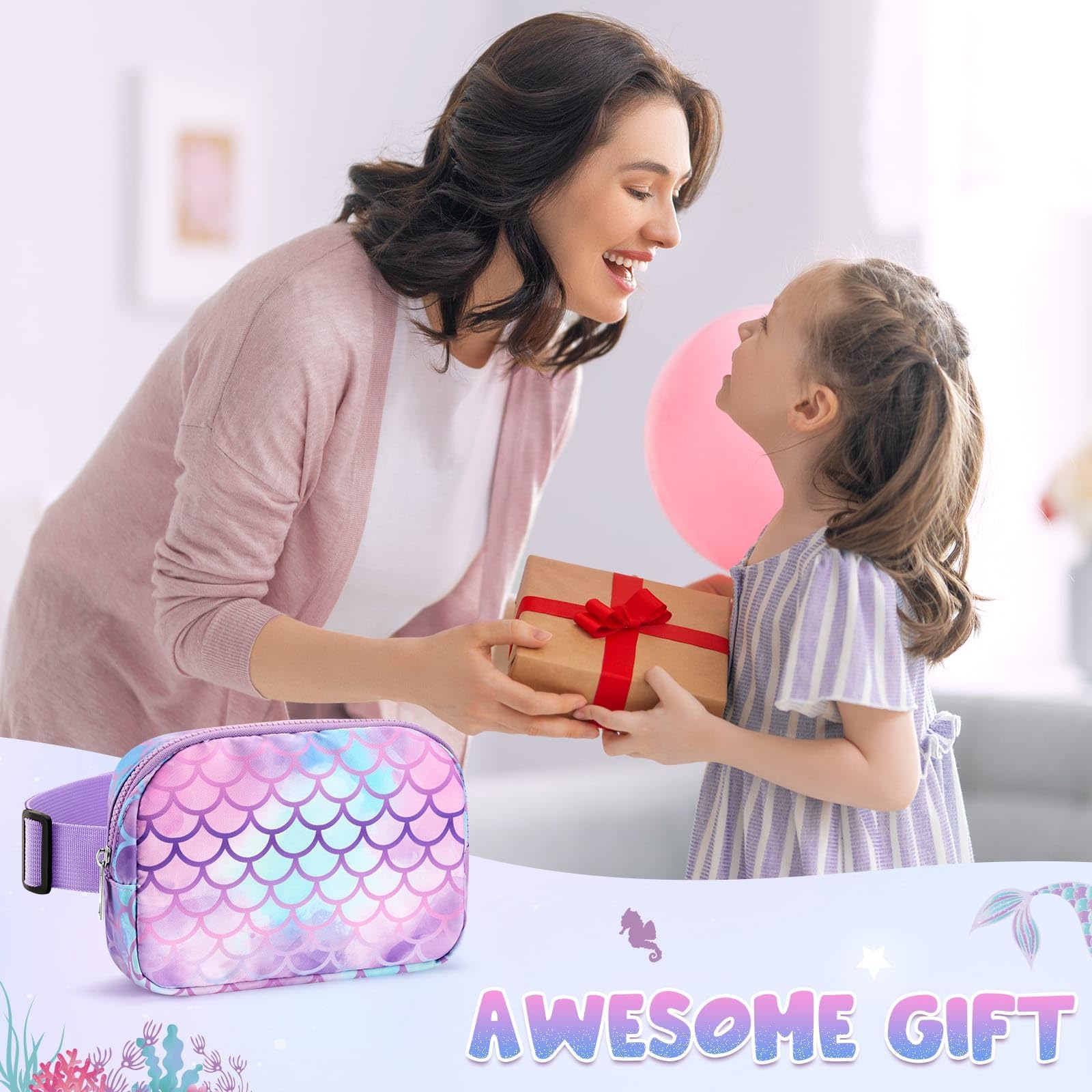 **Mermaid Fanny Pack for Kids - Adjustable Waist Bag (20-35.5 Inch) with Multiple Compartments | Crossbody Purse for Girls, Sports & Running | Perfect Gift for Active Children**    *(Great for Outdoor Play, Travel, Sports, and Everyday Adventures!)*