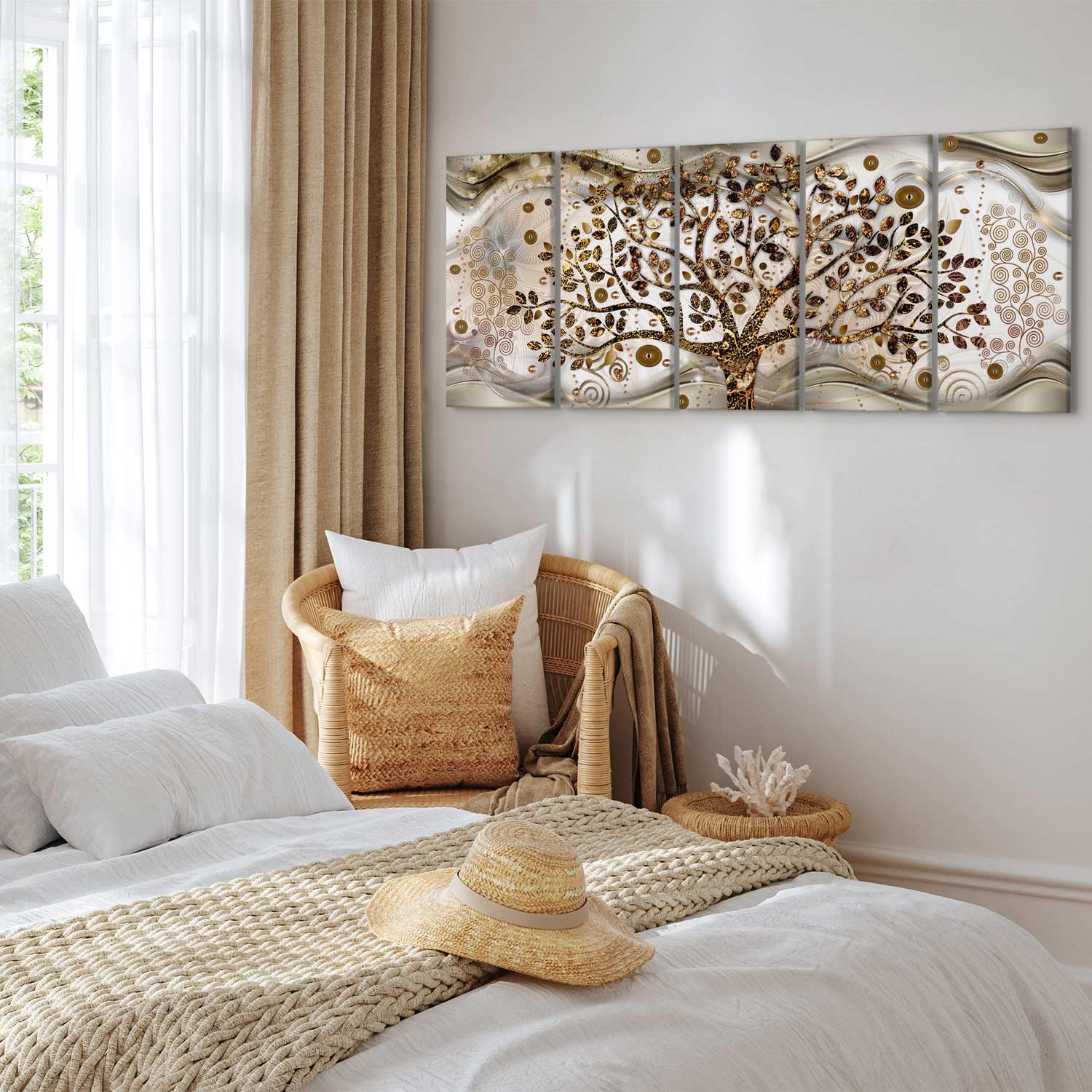 Gustav Klimt Canvas Wall Art Print - 5 Piece Framed Stretched Painting Set (59x24 inches) - Modern Home Decor for Living Room, Bedroom & Office - High Quality Artwork Reproduction