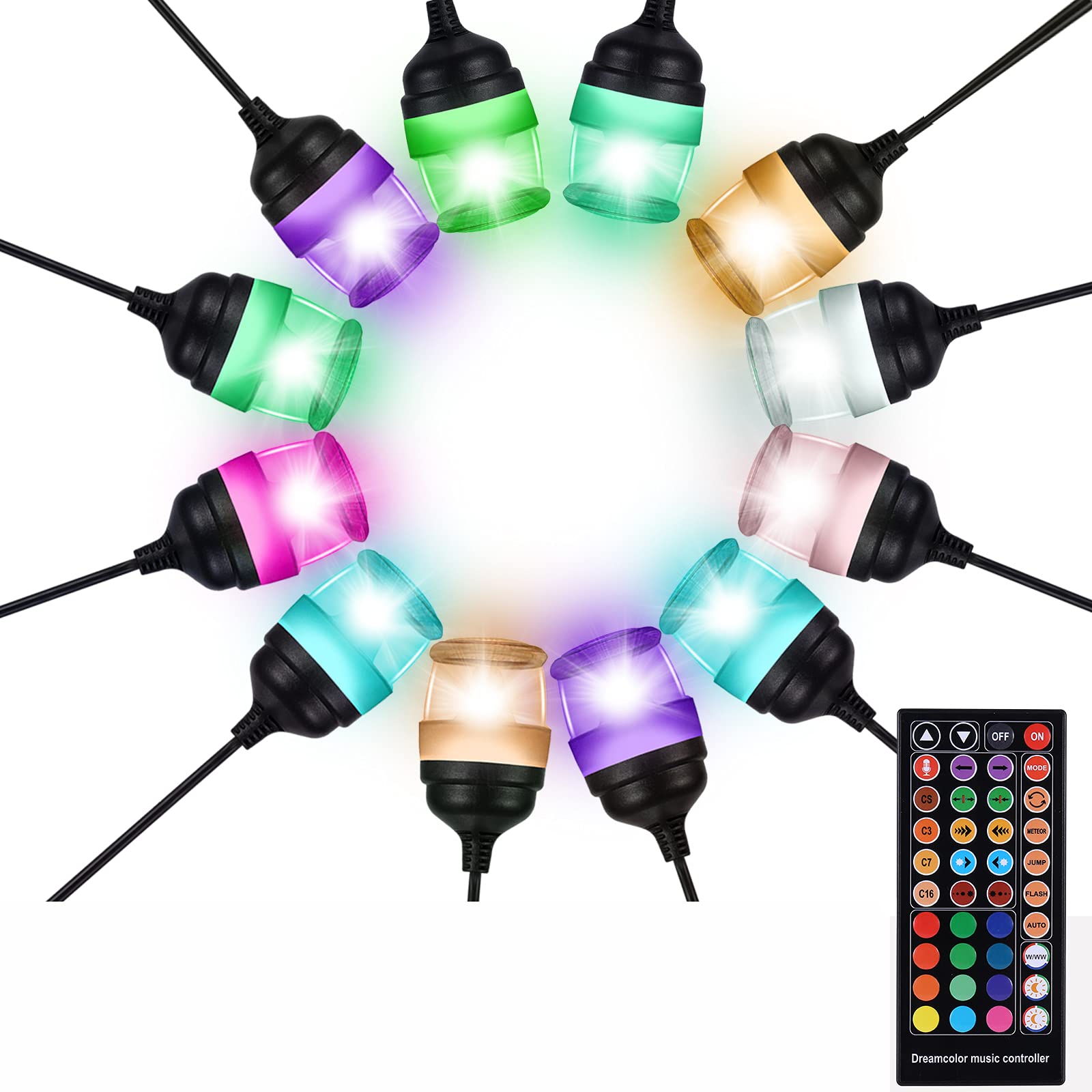 Outdoor LED String Lights Waterproof RGB Dimmable with Music Sync - 50ft Hanging Party Lights for Patio, Backyard, Garden, Cafe, Porch Decor - Perfect for Holiday, Wedding & Outdoor Atmosphere (White/Warm White)