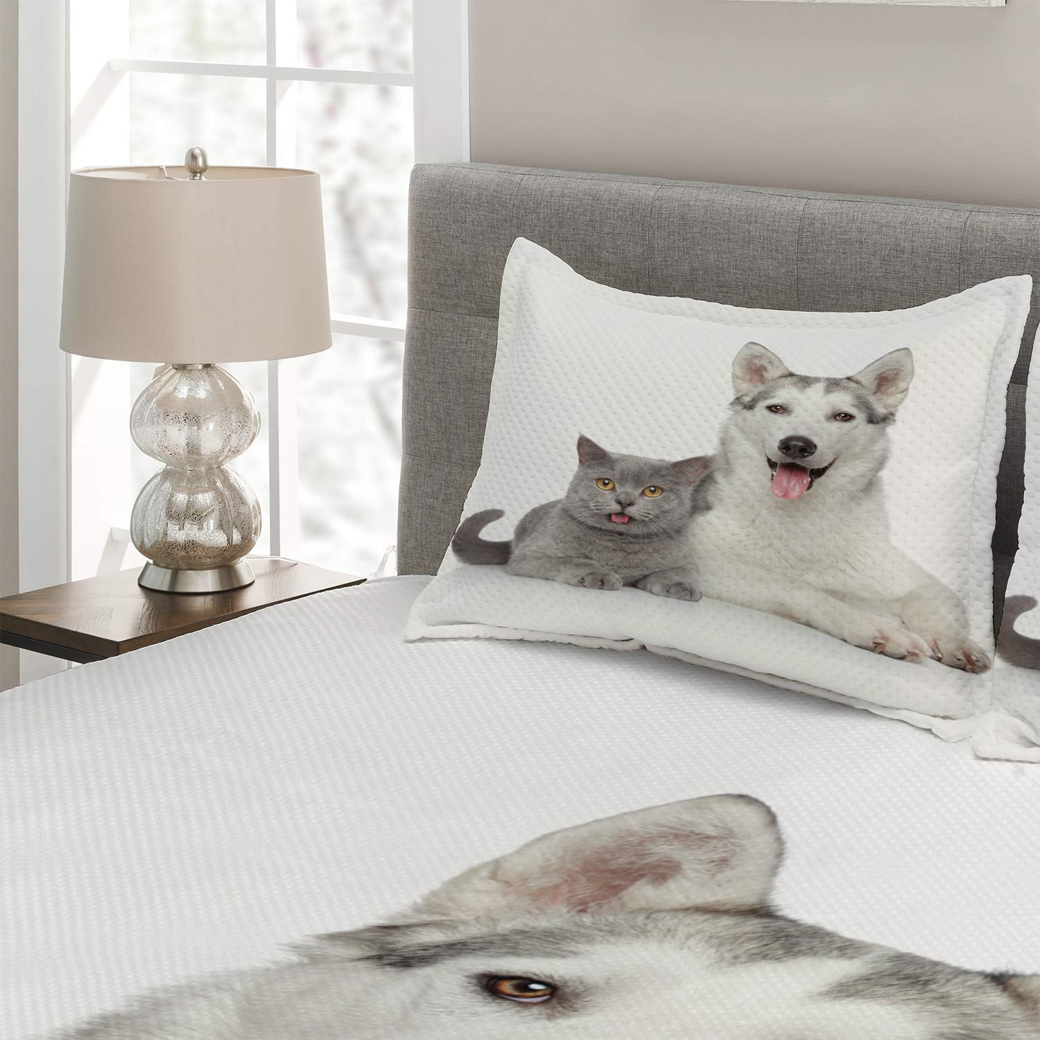 Ambesonne King Size 3-Piece Quilted Bedspread Set with 2 Pillow Shams - Grey & White Cat & Dog Animal Print Design - Soft Decorative Coverlet for Master Bedroom, Guest Room, or Dorm