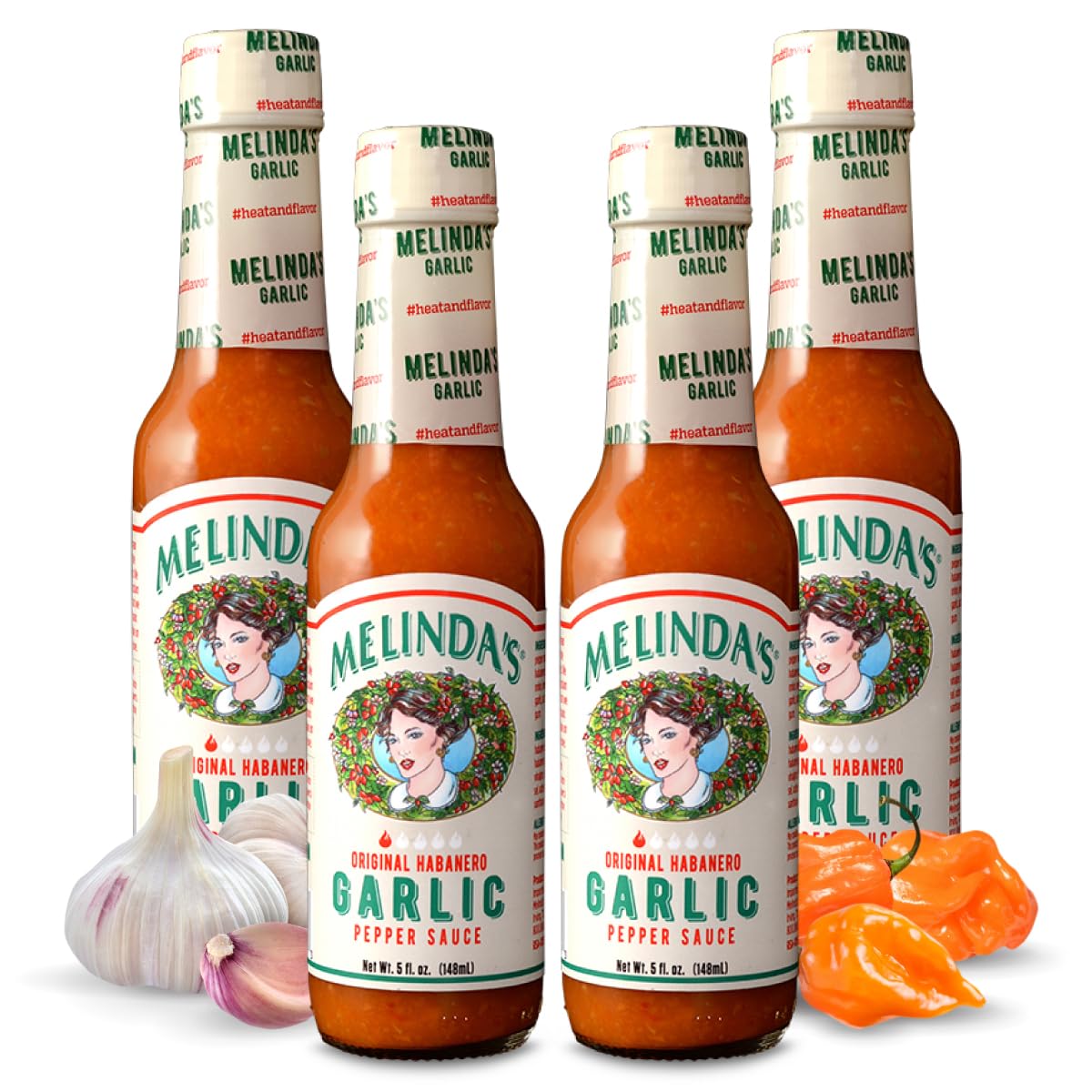Melinda’s Garlic Habanero Hot Sauce - Spicy Gourmet Hot Sauce with Habanero Peppers, Carrots & Onion - Keto, Vegan, Gluten Free, Kosher Certified - 5oz Bottle (Pack of 4) - Perfect for Tacos, Wings & Grilling