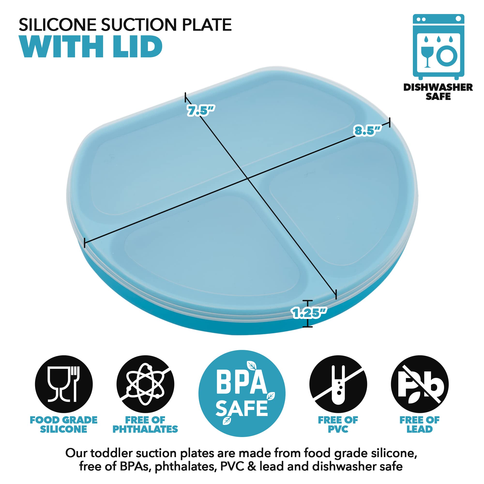 Non-Slip Silicone Suction Plates with Lids for Babies & Toddlers - BPA-Free Divided Plates by Exultimate (Blue) - Perfect for Highchair, Travel & Mess-Free Mealtime