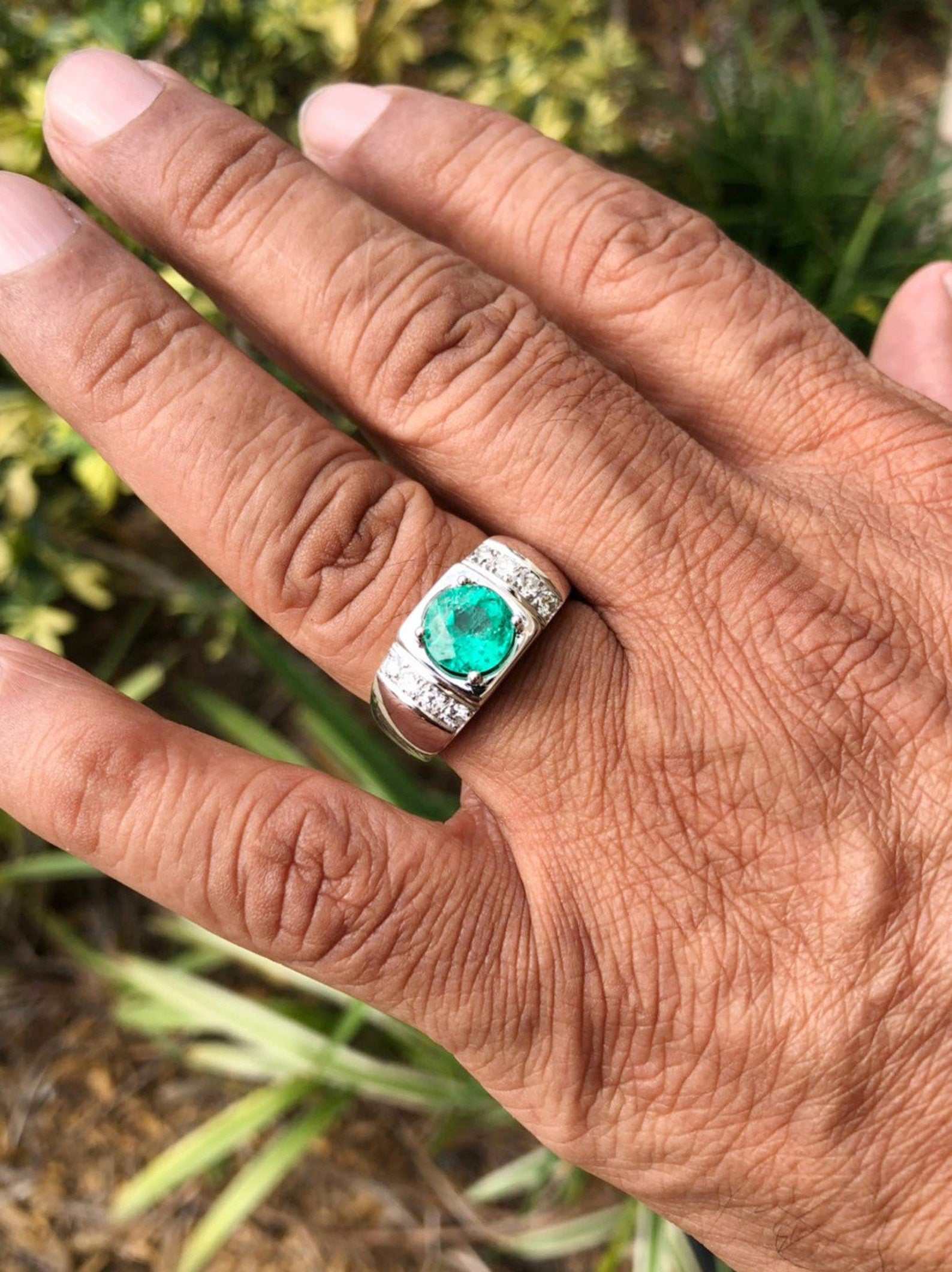 3.10tcw Round Colombian Emerald & Diamond Men's Ring for Wedding, Engagement, Anniversary - Luxury Handmade Jewelry Gift for Him