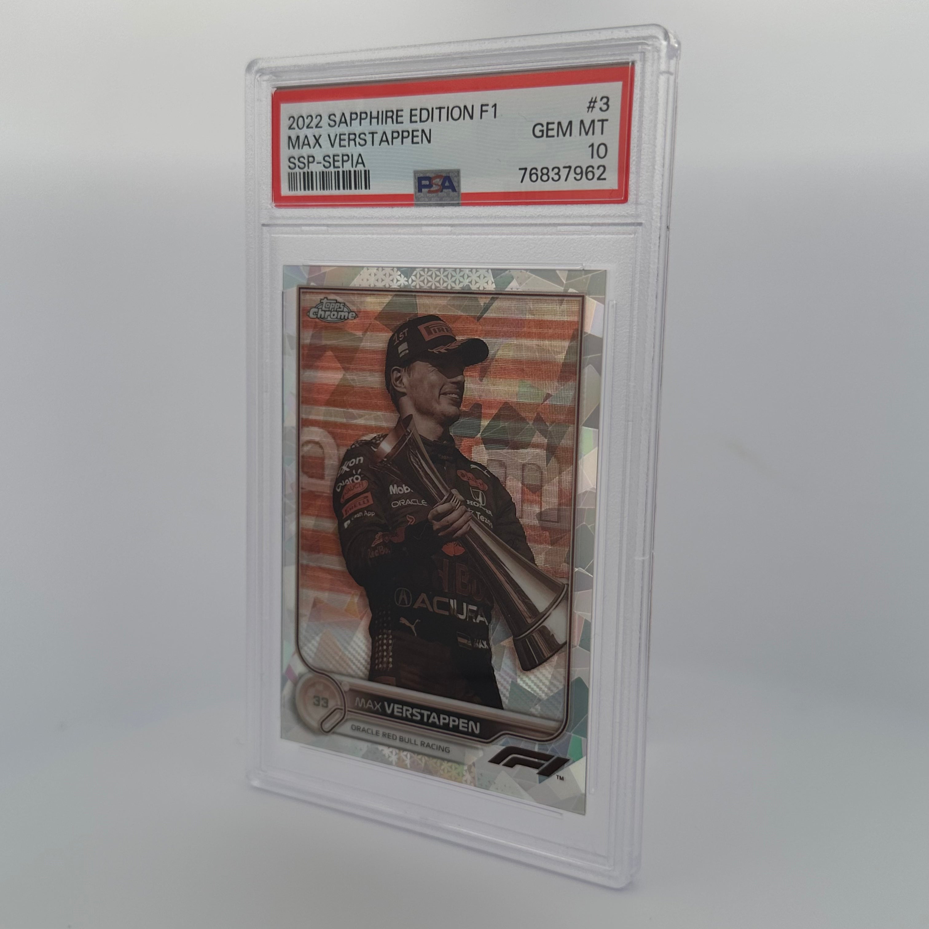 PSA 10 Graded MAX VERSTAPPEN #3 SAPPHIRE EDITION SSP SEPIA 75/100 - Rare Collectible Racing Card for Display & Investment - Perfect for F1 Fans, Sports Memorabilia Collections, and Trading Card Enthusiasts
