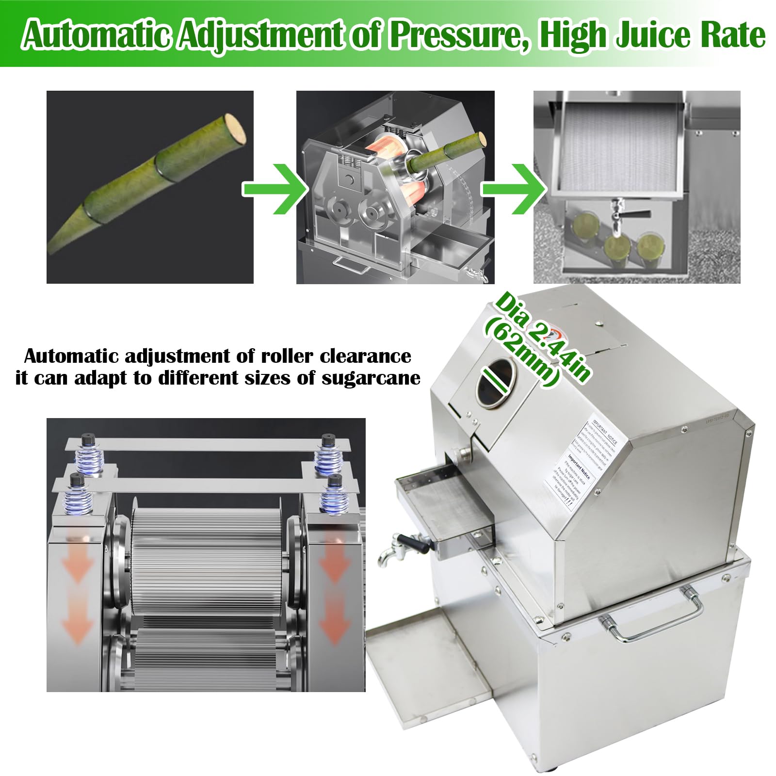 INTBUYING Commercial & Home Electric Sugarcane Juicer Machine - 800W 110V Stainless Steel 3-Roller Press Extractor with Detachable Cover - Perfect for Juice Bars, Restaurants, and Healthy Home Juicing