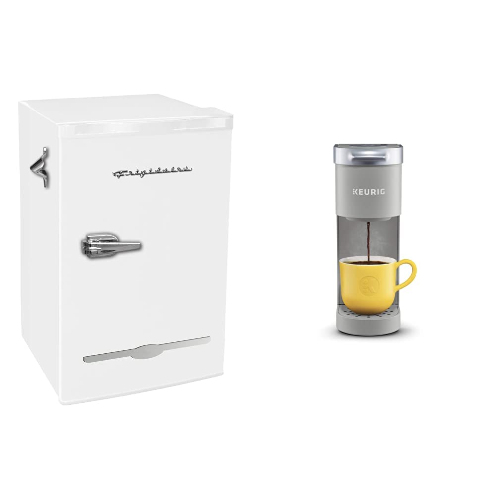 Frigidaire 3.2 Cu Ft Retro Mini Fridge with Bottle Opener & Keurig K-Mini Single Serve Coffee Maker - White & Gray Combo for Home, Office, Dorm Room or Man Cave