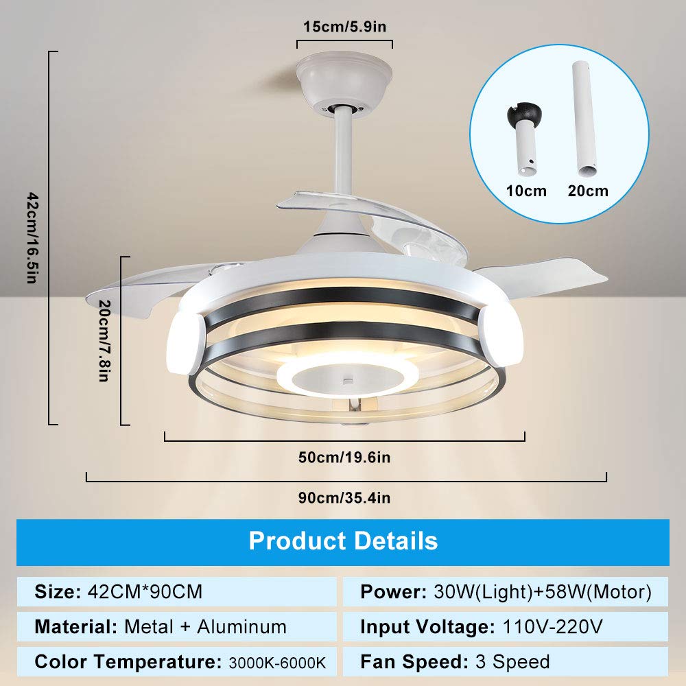 DLLT Modern 30W Retractable 3-Blade LED Ceiling Fan with Remote Control, Color Changeable (3000K-6000K) & Timer - Low Profile Chandelier Fan for Living Room, Bedroom, Dining Room - Perfect for Home Cooling and Ambient Lighting