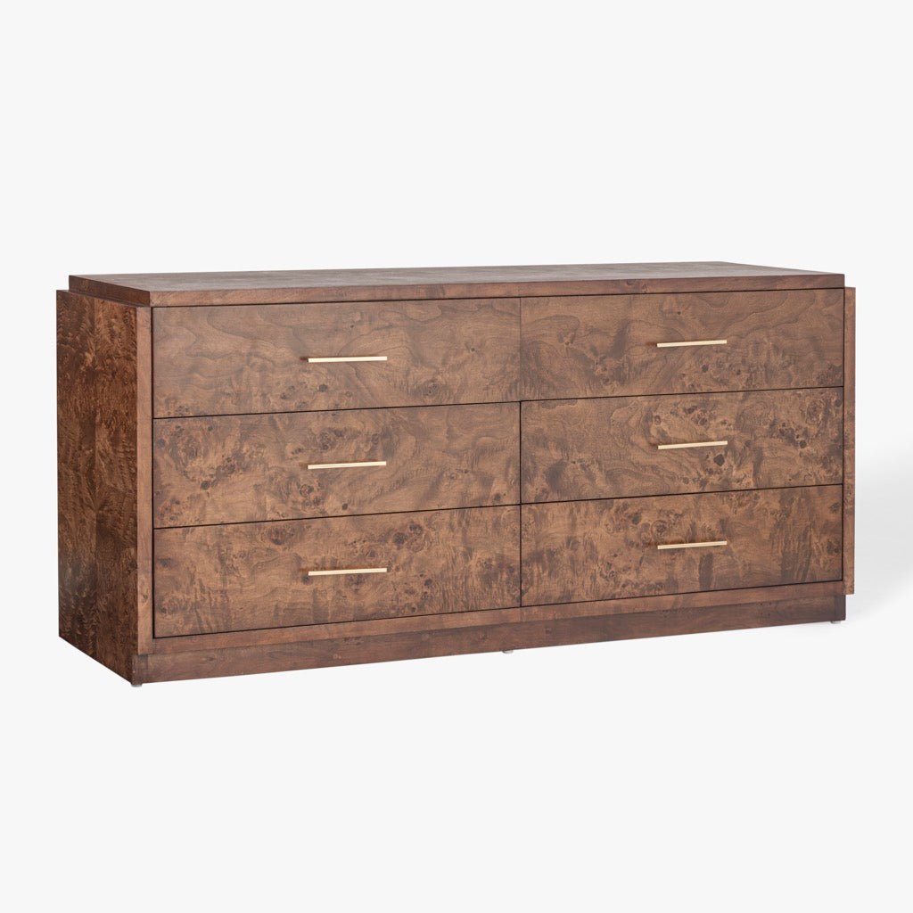 Wesley 6-Drawer Burl Wood Dresser - Dark Brown Solid Wood Bedroom Furniture for Storage & Organization | Perfect for Master Bedroom, Guest Room & Dorm Decor