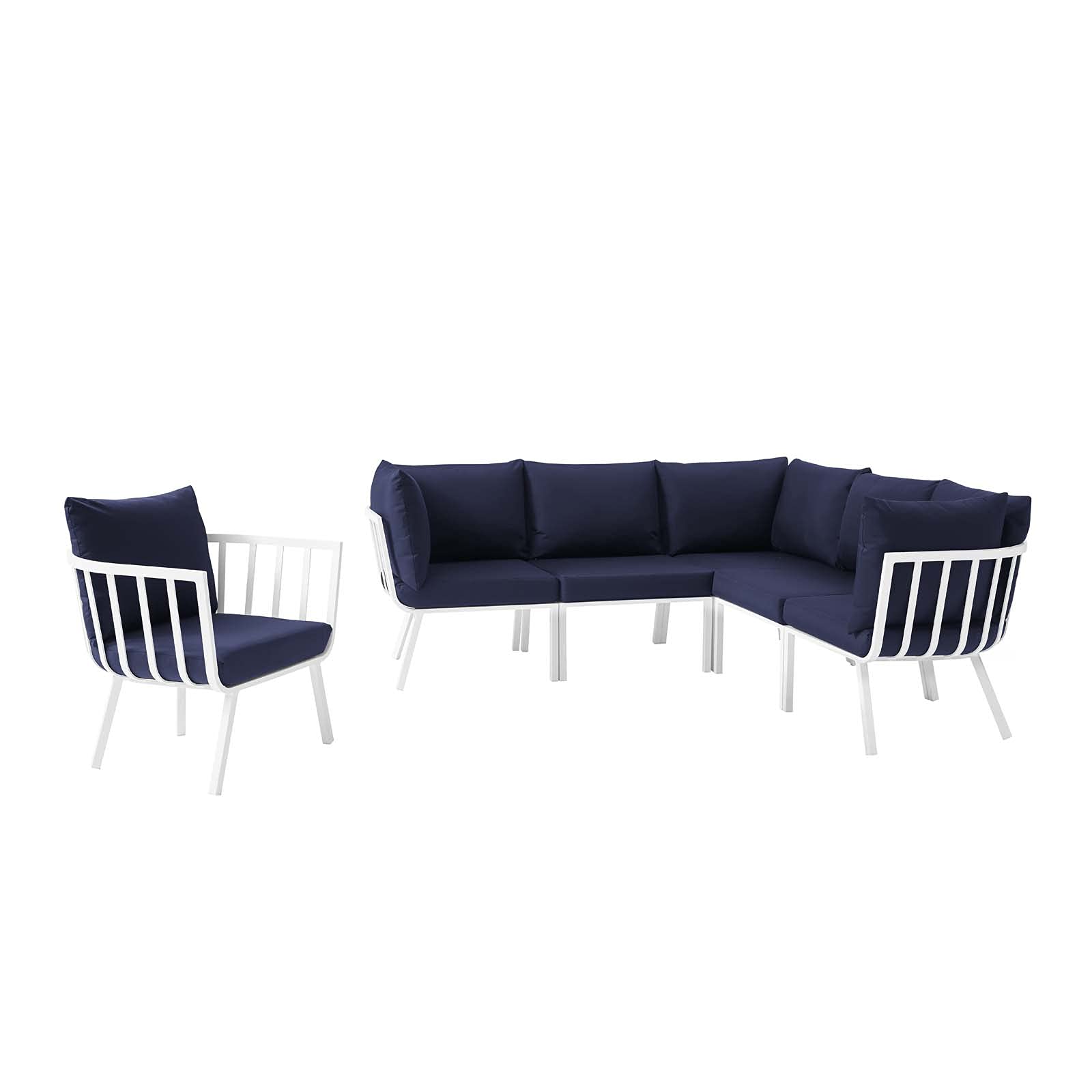 Modern Lounge Sectional Sofa Chair Set - Aluminum Metal Frame, White Blue Navy, Outdoor Patio, Cafe Bistro, Perfect for Garden, Poolside, and Terrace Relaxation