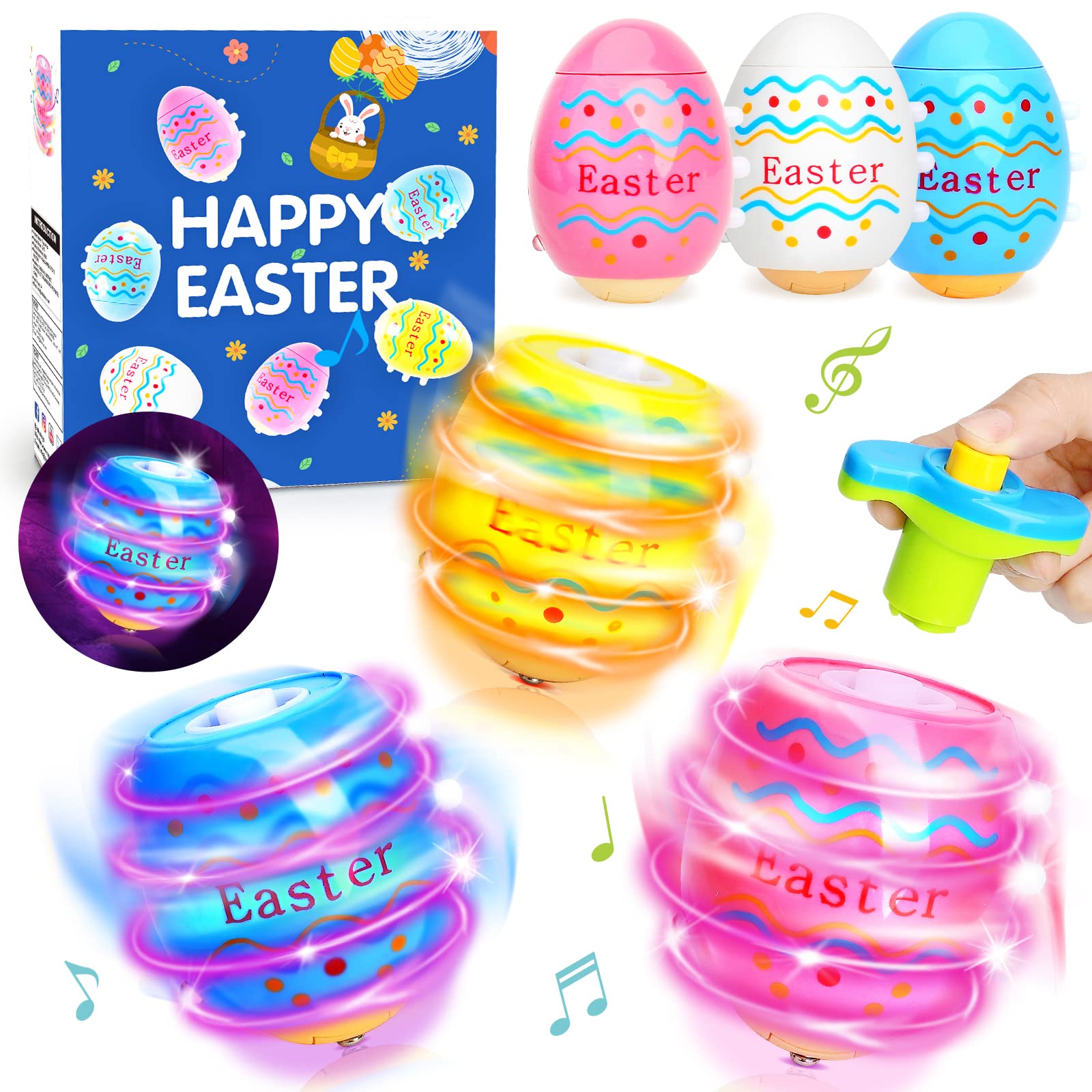 Glow in the Dark Easter Egg Spinning Tops - 6 Pack LED Flashing Musical Toys for Kids, Easter Basket Stuffers, Egg Hunt Prizes, Party Favors & Goodie Bag Fillers - Perfect for Easter Celebrations, Birthday Parties & Classroom Rewards