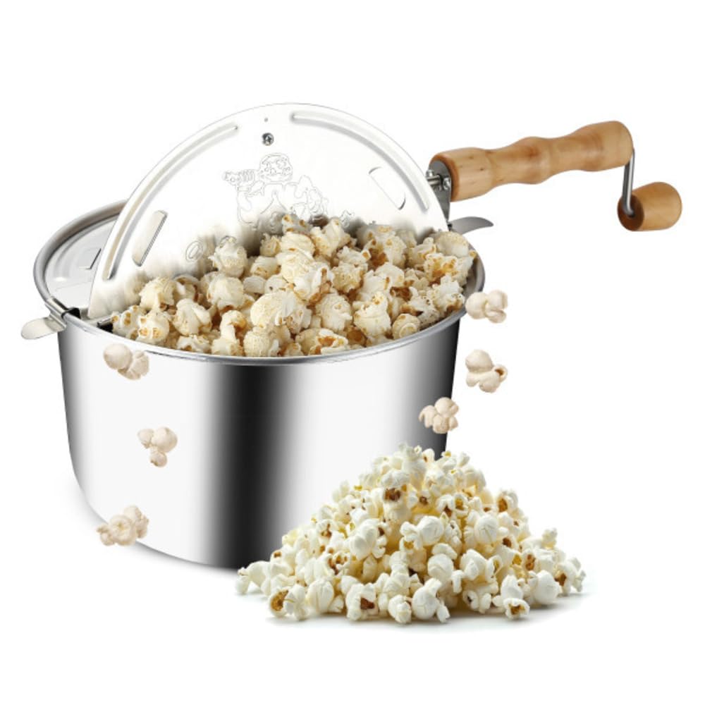 Great Northern Popcorn 6-Quart Stovetop Popcorn Maker - Aluminum Popcorn Popper with Hand Crank, Vented Lid & Stir Paddle for Movie Nights, Parties & Snack Time (Silver)