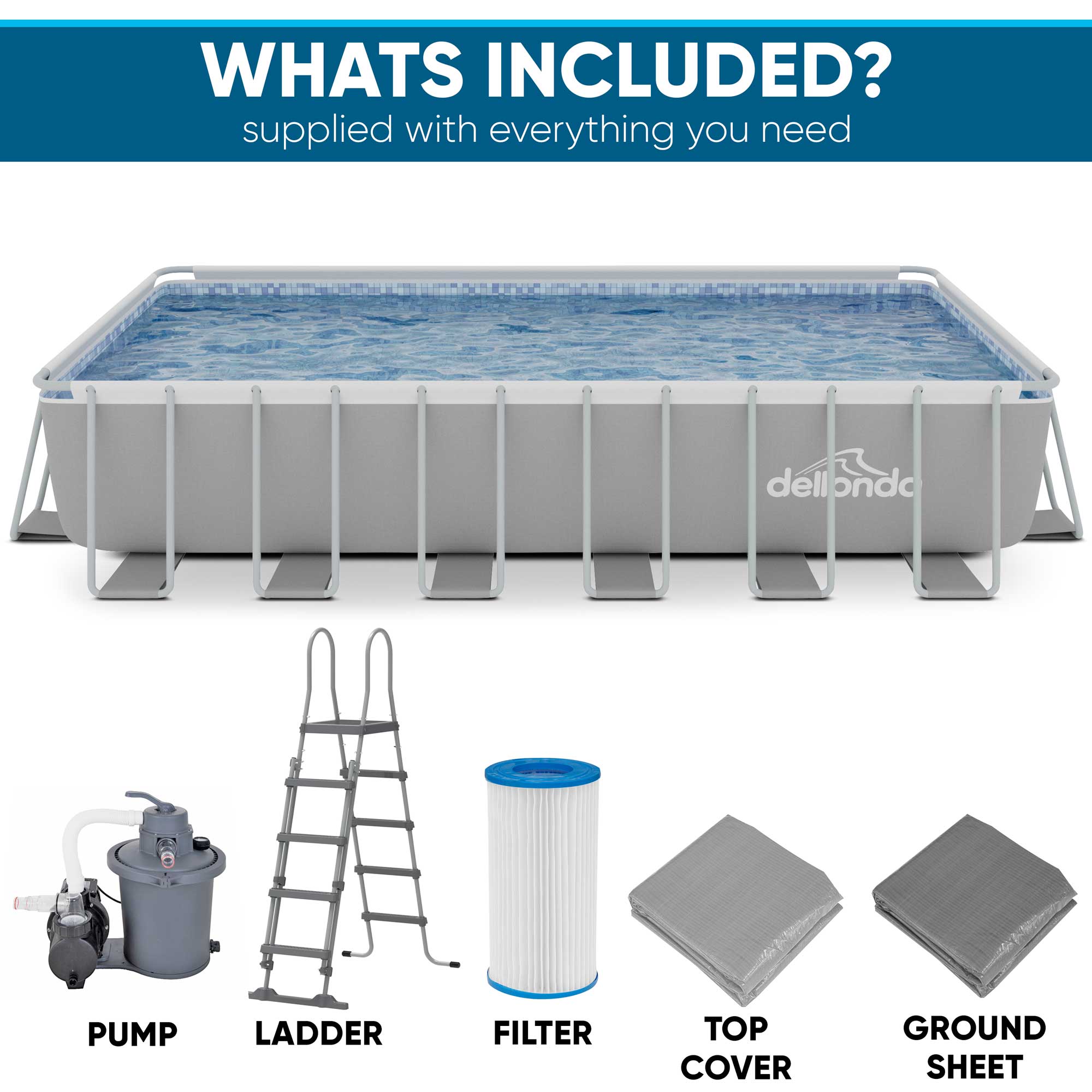 Dellonda 25ft Deluxe Steel Frame Above Ground Swimming Pool with Step Ladder, Pool Cover & Sand Filter Pump | Rectangular Backyard Pool for Family Fun, Summer Parties & Outdoor Relaxation | DL151
