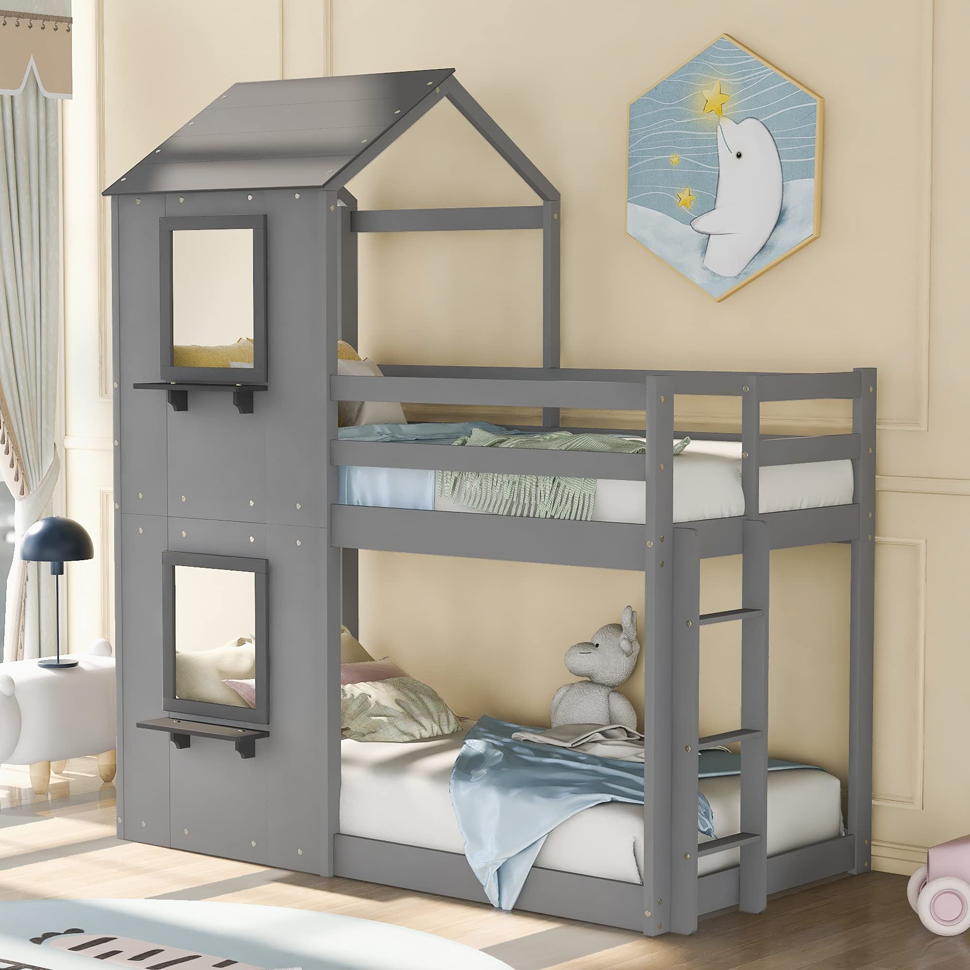 Twin Over Twin Bunk Bed with Roof - Solid Wood House Bed Frame with Window, Guardrail & Ladder - Space-Saving Kids Bedroom Furniture (Grey) - Perfect for Small Rooms, Shared Kids Bedrooms & Sleepovers