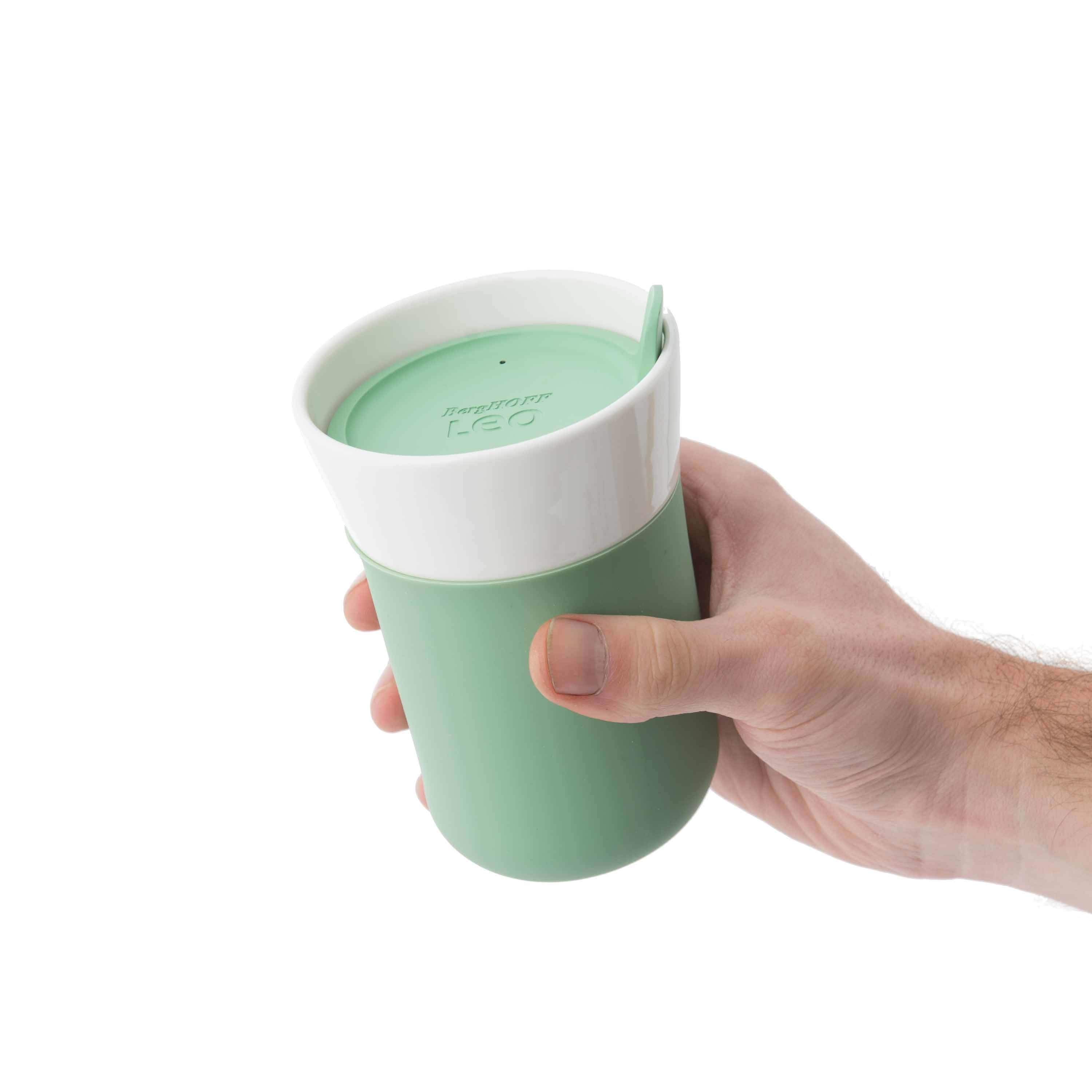 BergHOFF Leo 11.16oz Porcelain Travel Mug with Lid - Insulated Green Coffee Cup Set of 2 - Perfect for Office, Commuting & Outdoor Adventures