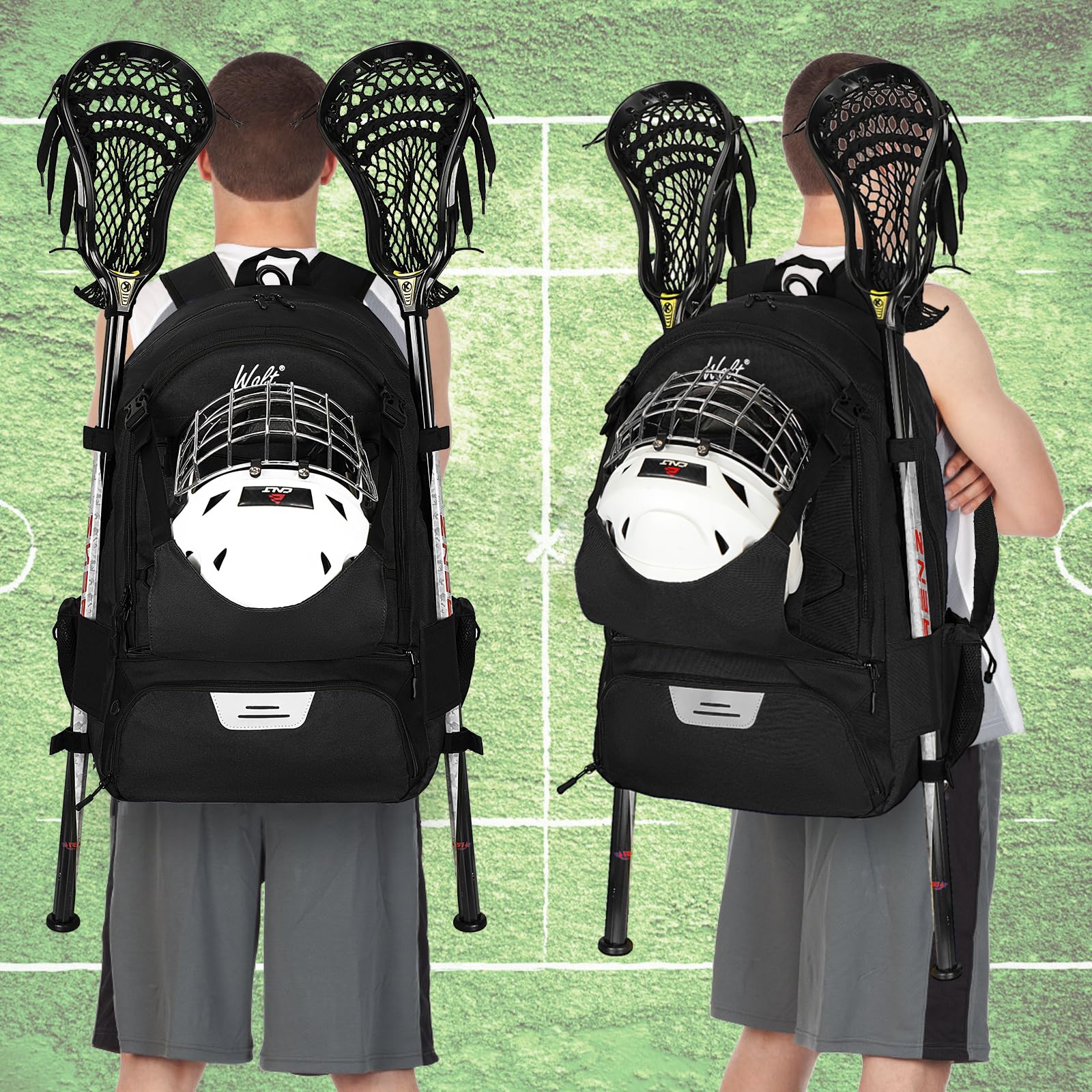 WOLT Lacrosse Backpack with Two Stick Holders - Large Durable Sports Bag for Lacrosse, Field Hockey & All Athletic Gear - Perfect for Games, Practice & Travel