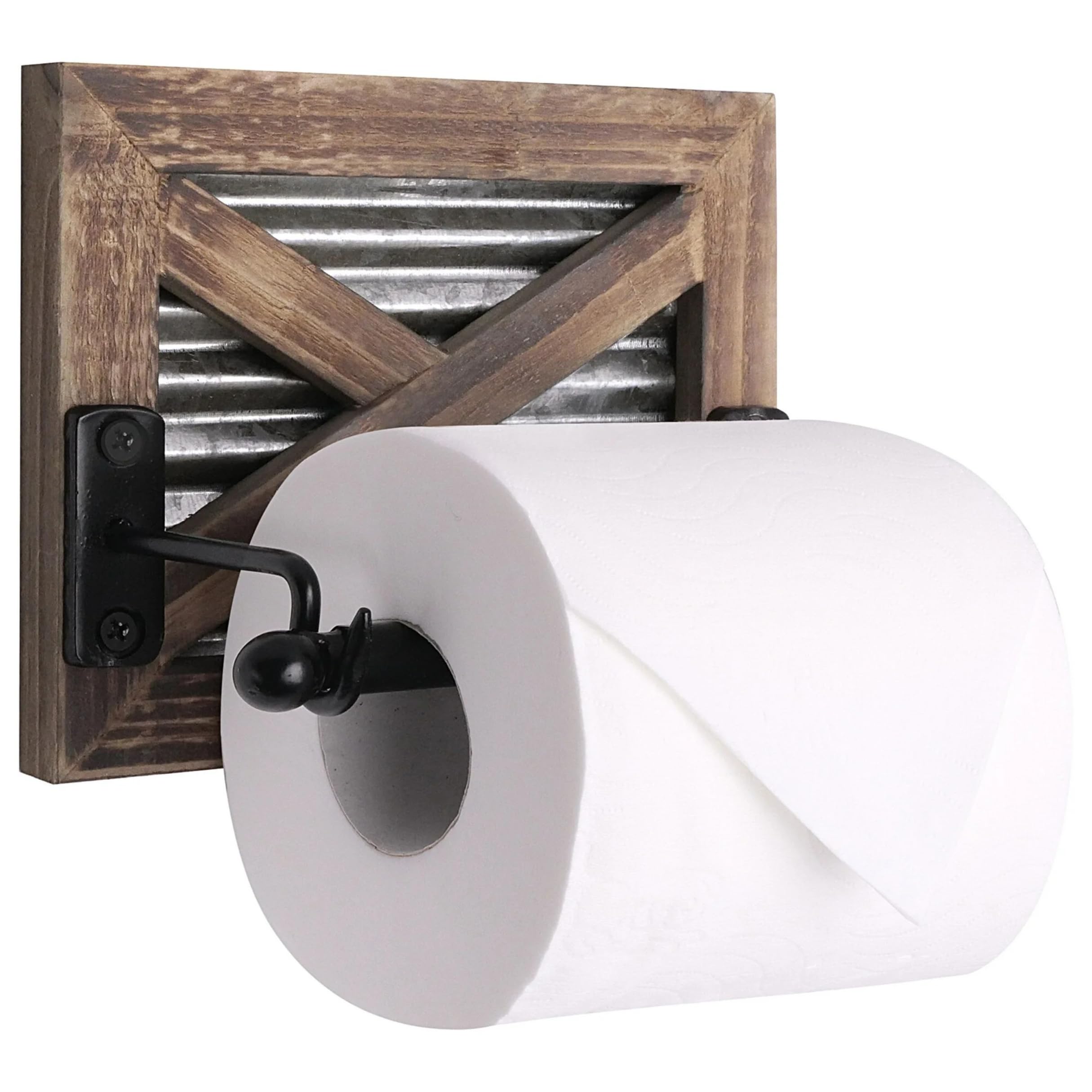 Rustic Farmhouse Toilet Paper Holder Wall Mount - Warm Brown Wood & Galvanized Metal Bathroom Accessory for Western Decor | Perfect for Country Style, Cabin, and Ranch Bathrooms