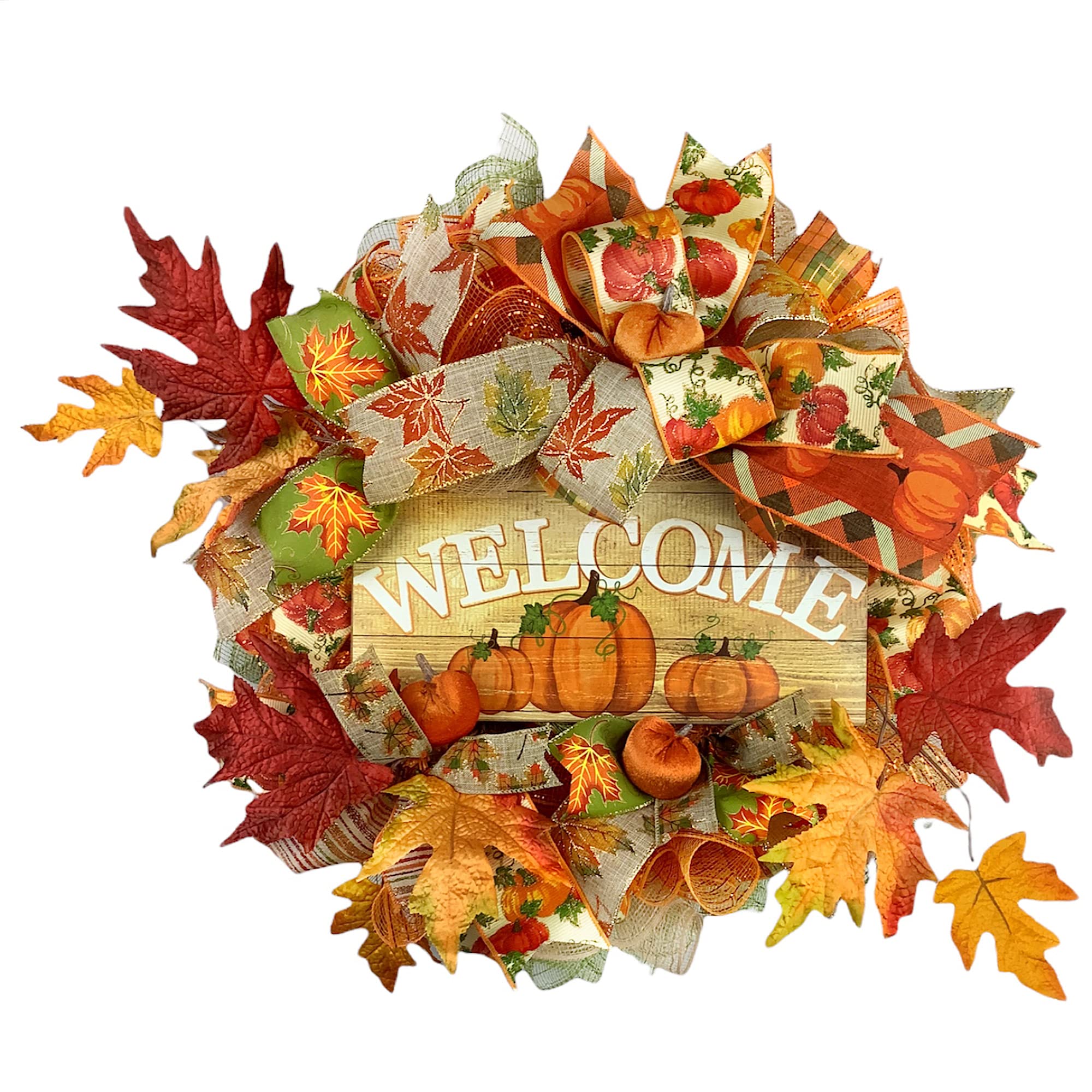 Handmade Autumn Wreath with Velvet Pumpkins & Fall Leaves - Rustic Front Door Decor for Thanksgiving, Halloween & Seasonal Home Decoration