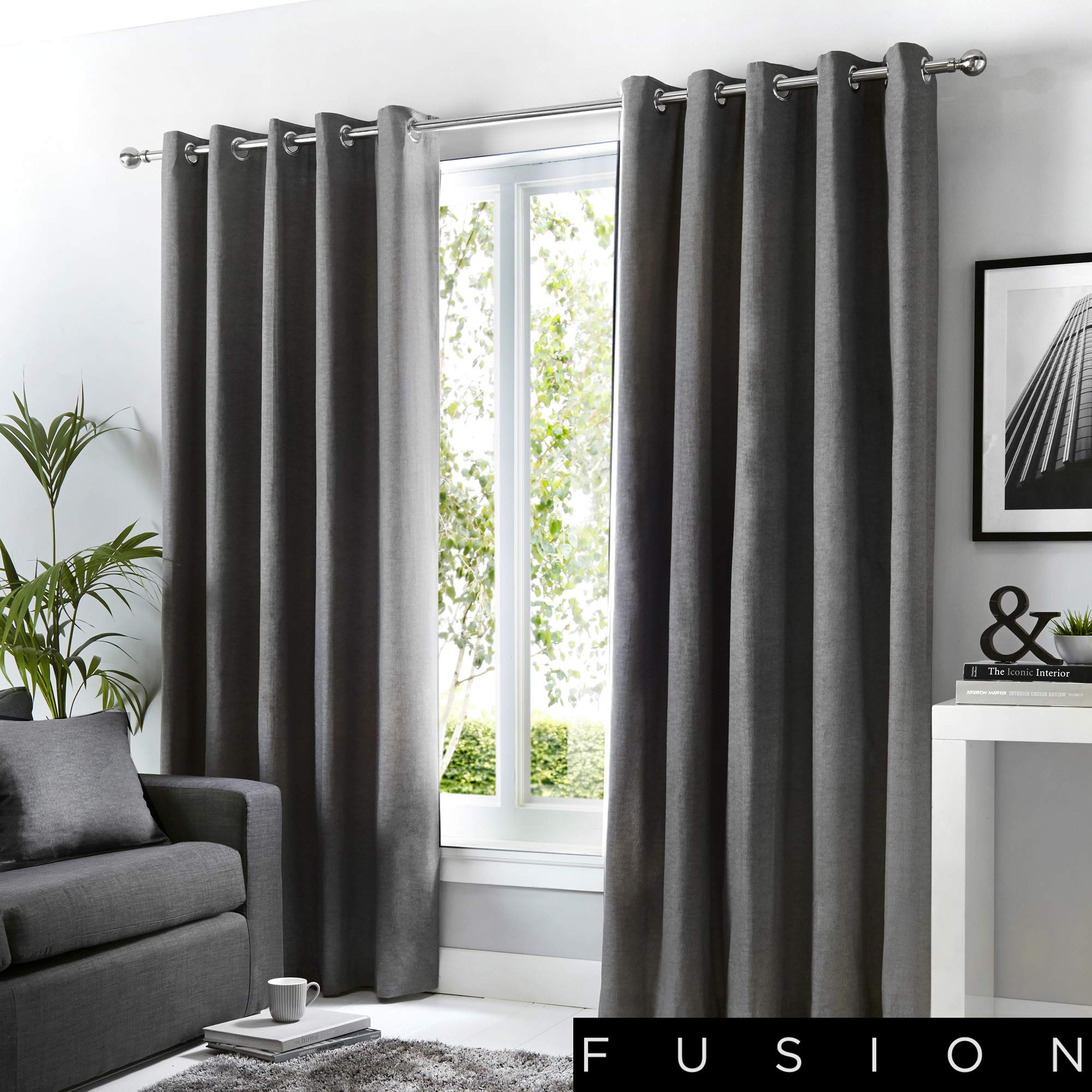 Charcoal Grey Blackout Eyelet Curtains 100% Cotton 90x90 Inches - Ring Top Thermal Insulated Drapes for Bedroom & Living Room - Noise Reducing & Energy Saving Window Treatments