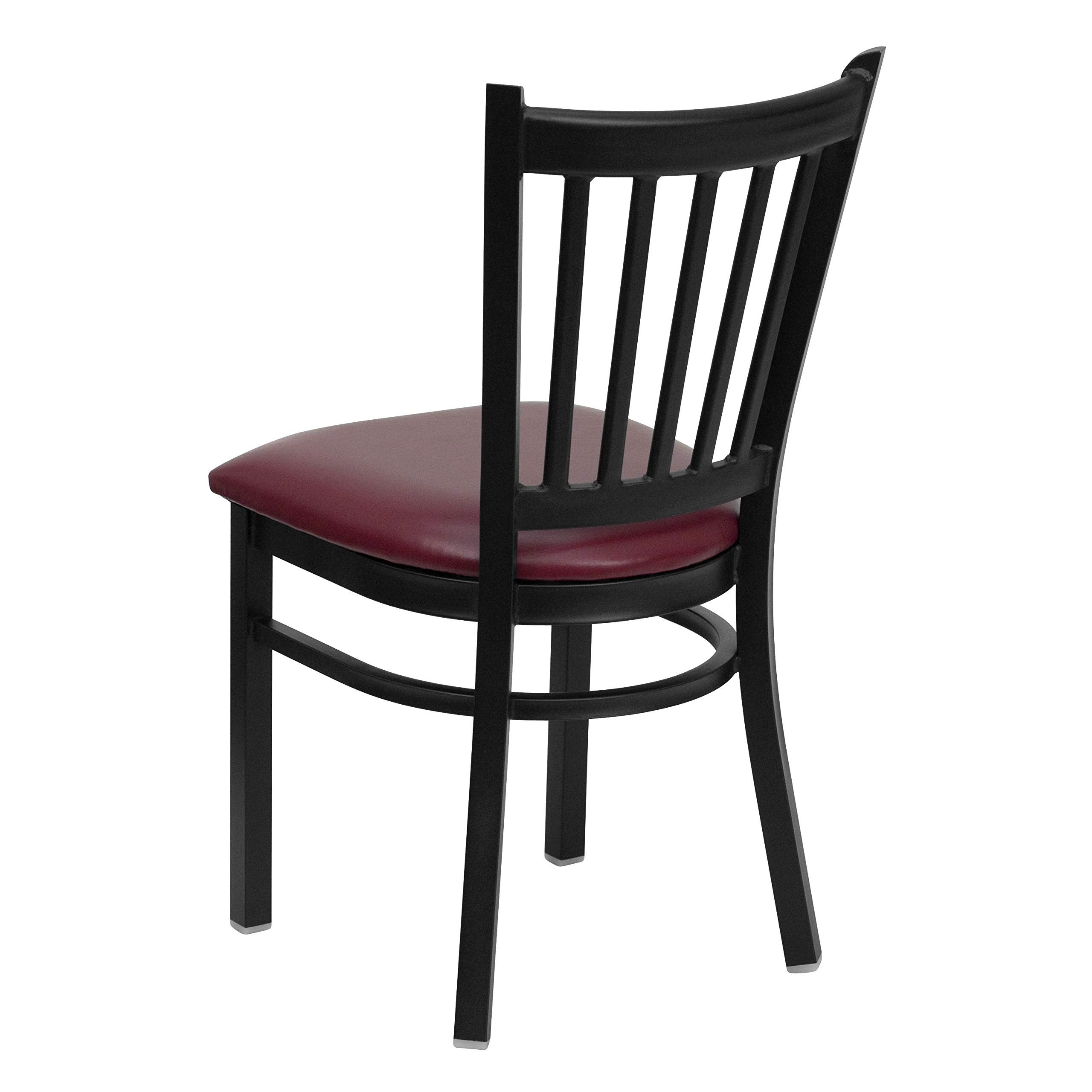 2 Pack Black Metal Vertical Back Restaurant Chairs with Burgundy Vinyl Upholstered Seats - Modern Dining Chairs for Cafes, Bistros, and Home Kitchens