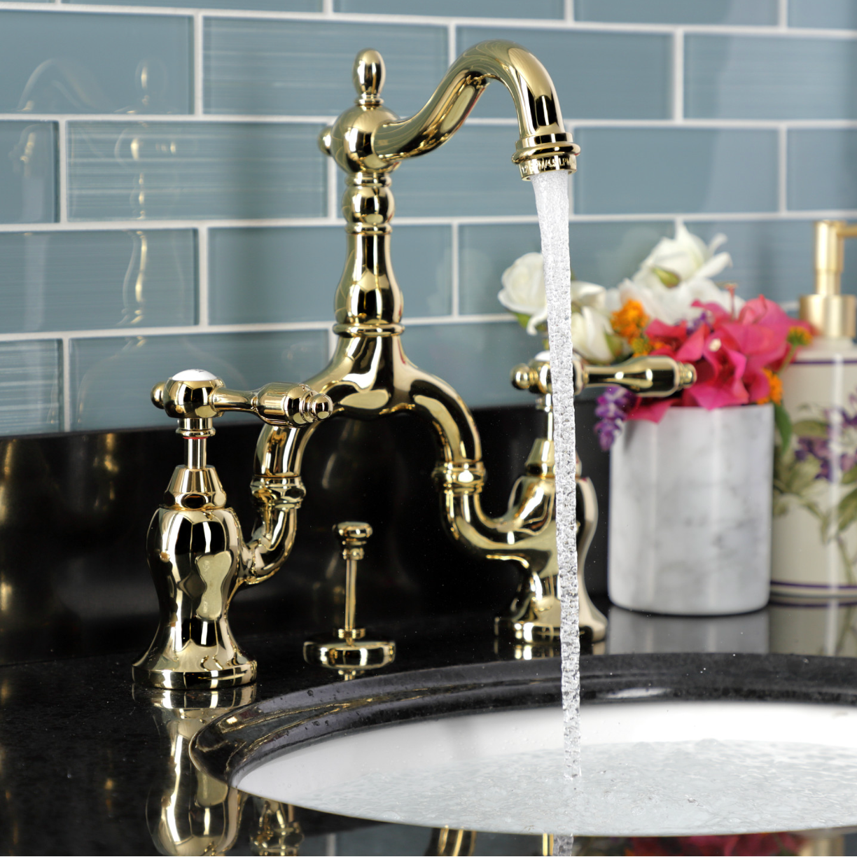European Style Bridge Bathroom Faucet with Pop-Up Drain and Lever Handles - Perfect for Modern Vanities and Spa-Like Bathroom Upgrades
