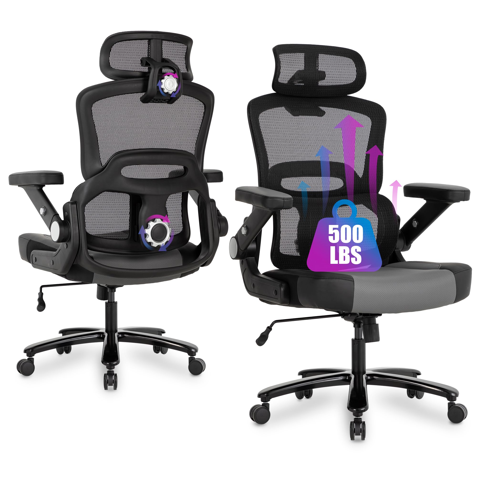 500lbs Heavy Duty Big and Tall Office Chair - Large Executive Ergonomic Mesh Computer Desk Chair with 5D Flip Arms, Adjustable Lumbar Support & Headrest, Thick Spring Cushion - Perfect for Home Office, Gaming Setup, and Commercial Workspaces