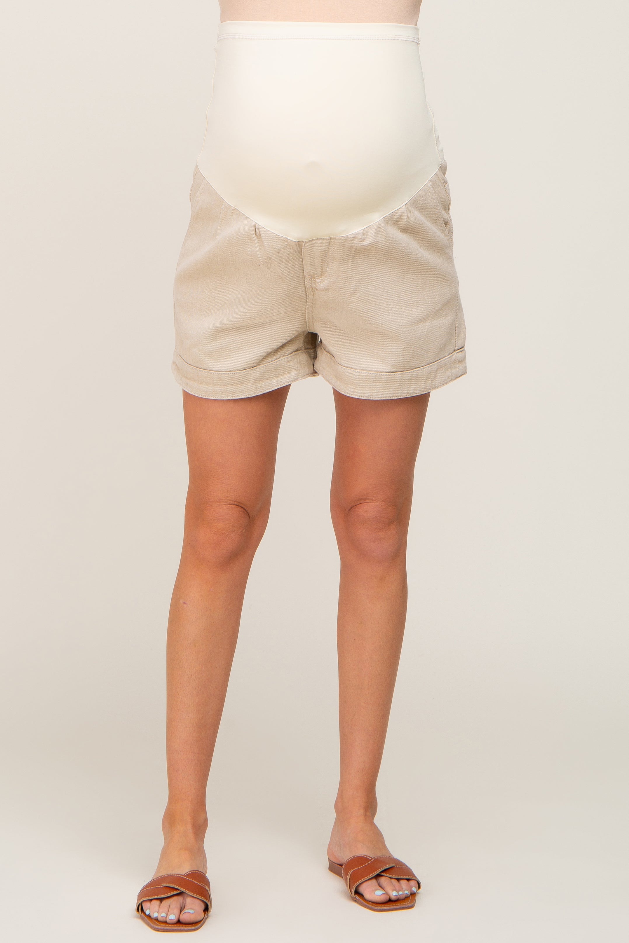 Beige Relaxed Fit Maternity Jean Shorts for Women - Comfortable Pregnancy Denim Shorts with Stretch Waistband - Perfect for Summer, Casual Outings & Maternity Photoshoots
