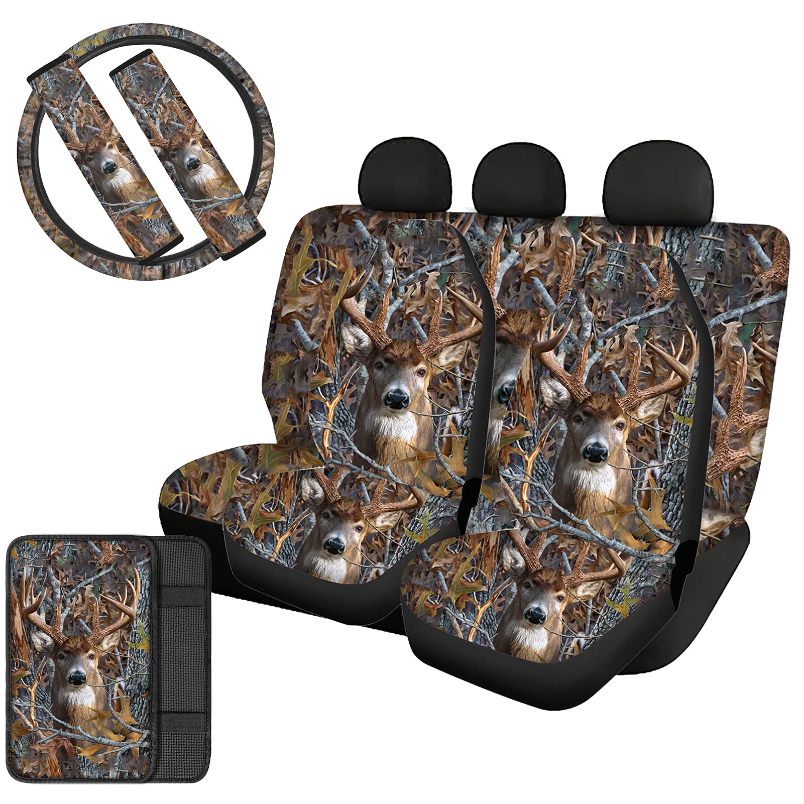 **Deer Camo Car Accessories for Women - 8-Piece Full Set with Seat Covers, Steering Wheel Cover, Seat Belt Pads & Console Protector | Perfect for Off-Roading, Hunting & Outdoor Adventures**