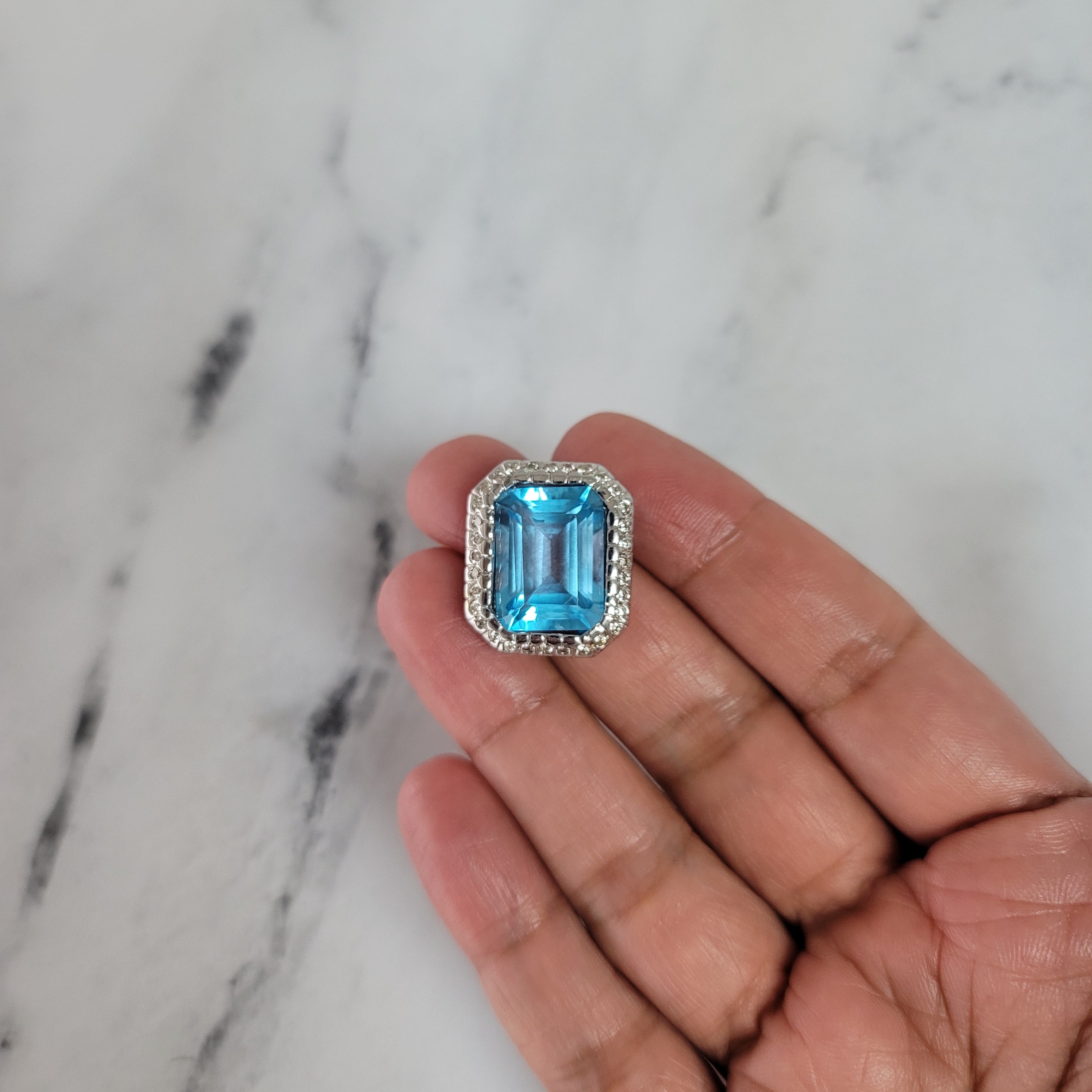 Emerald Cut Blue Topaz Diamond Halo Necklace 16.64cttw 14k White Gold - Elegant Jewelry for Weddings, Anniversaries & Special Occasions