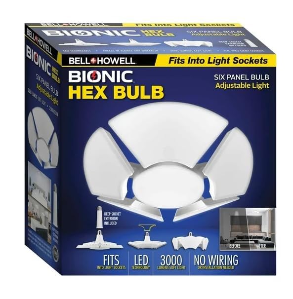 Bell+Howell Hex Bulb E26 LED Garage Light - 6 Panel Adjustable Shop Light with 144 LEDs, 5000K Daylight, 6000 Lumens - High-Intensity Ceiling Lighting for Attic, Basement, Office, Warehouse & Workshop (Easy Installation, Energy Saving) - Perfect for DIY Projects, Auto Repair & Industrial Workspaces