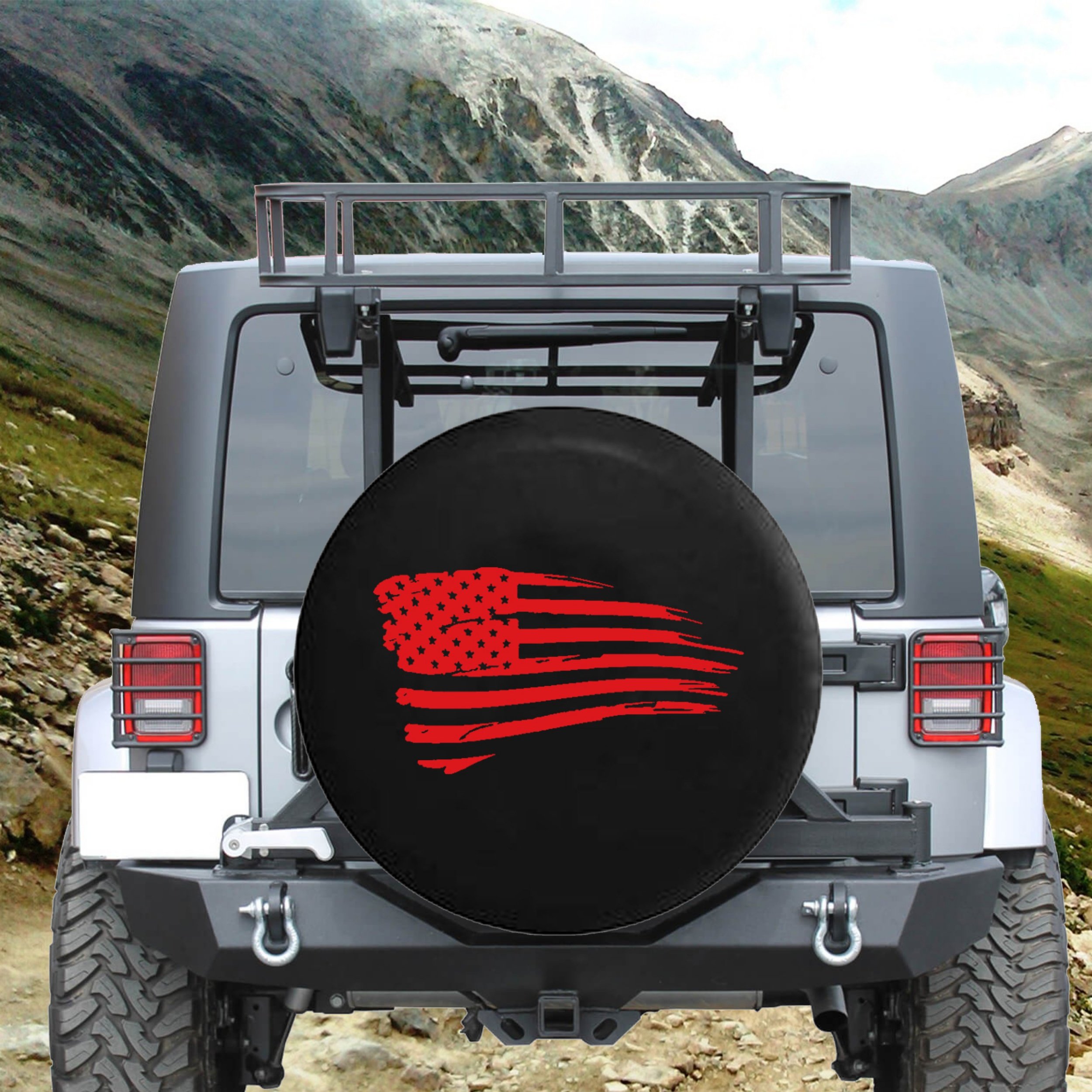 35 Inch Waving American Flag Military Spare Tire Cover for SUV, Camper & RV - Red Ink Design | Durable Outdoor Accessory for Camping, Road Trips & Patriotic Displays