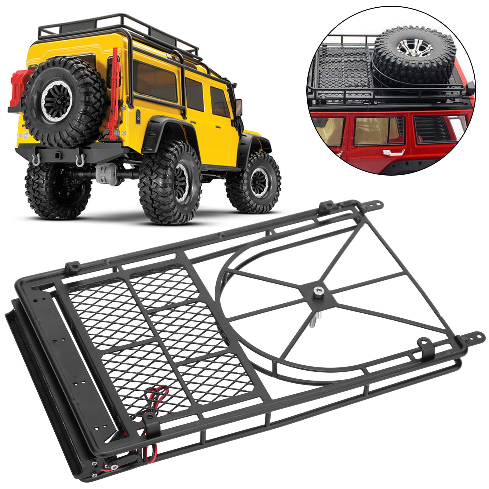 Alomejor Large RC Car Roof Rack with LED Lights - Heavy Duty Crawler Car Luggage Carrier for Off-Road Adventures & Camping Trips