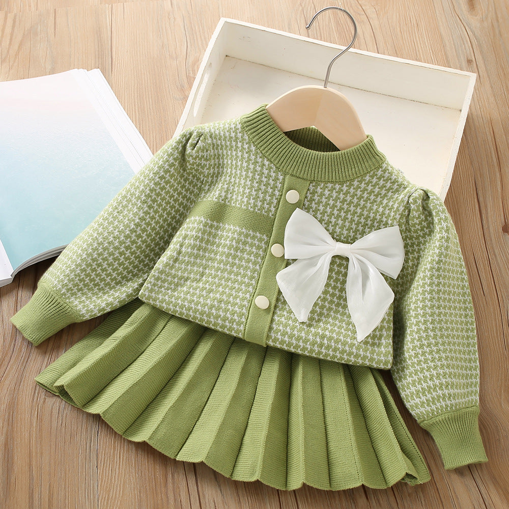 Elegant Bow Knitted Long Sleeve Princess Sweater Two-Piece Set for Girls | Winter Outfit for Parties & Family Photos