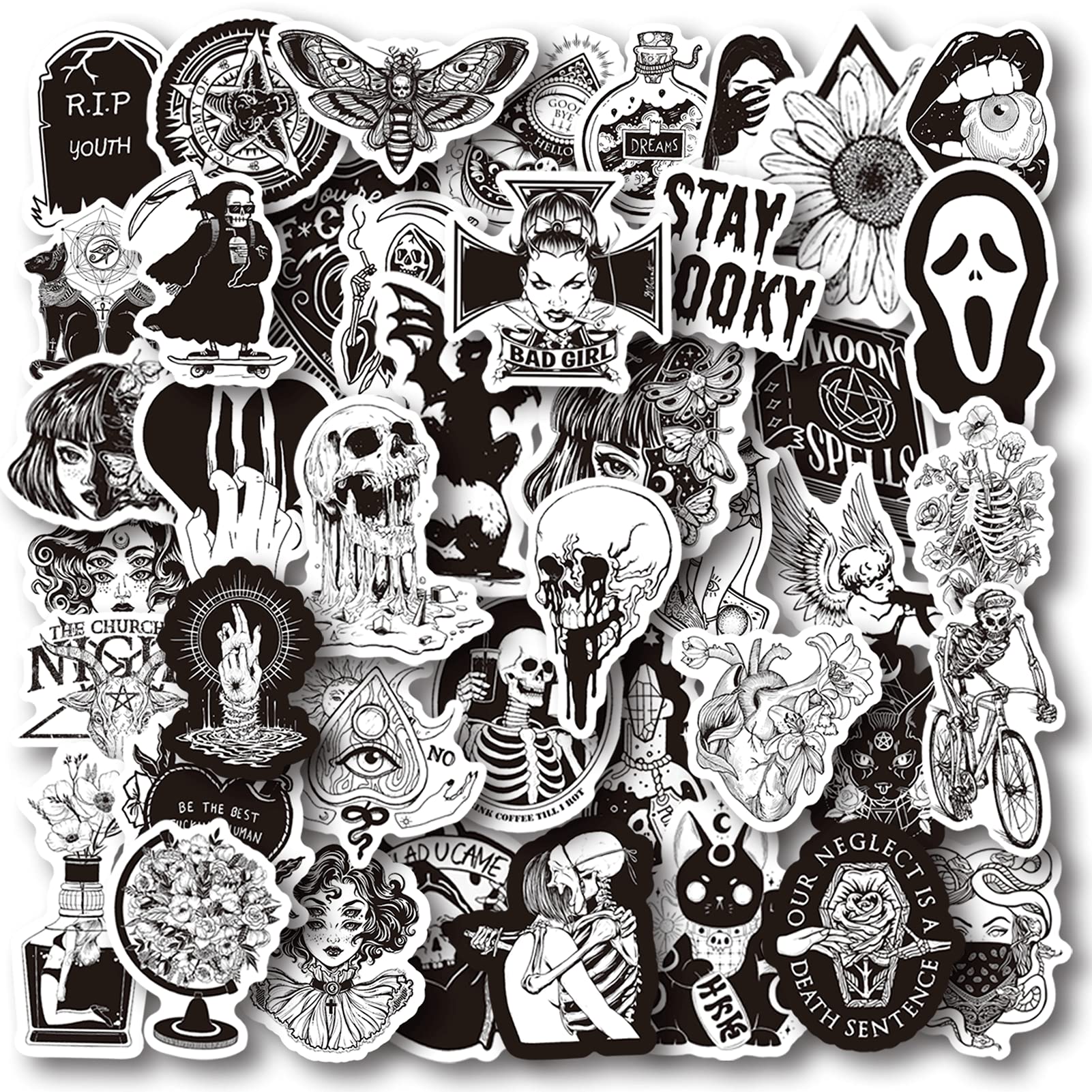 Gothic Stickers Pack of 50 - Waterproof Vinyl Skull & Skeleton Decals for Laptops, Water Bottles, Phone Cases - Dark Aesthetic Stickers for Teens & Adults - Perfect for DIY Crafts, Journaling & Alternative Style Decor