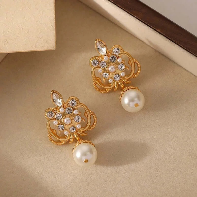 Baroque Flower Pearl Drop Earrings for Women - Elegant Vintage Dangle Earrings with Crystal Accents | DM363 | Perfect for Weddings, Parties & Special Occasions