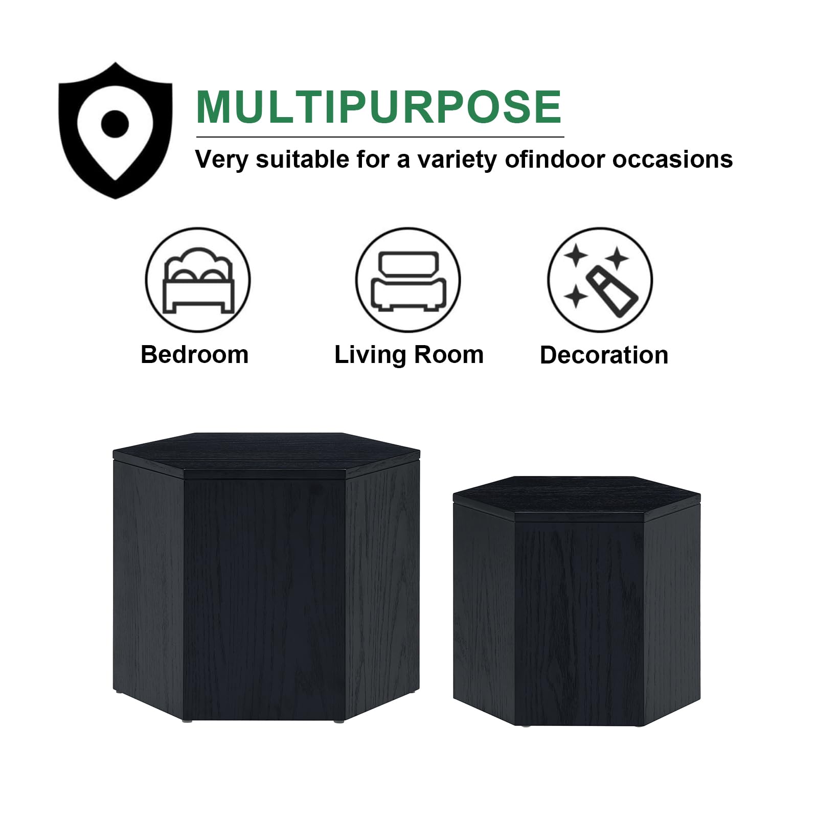 Hexagonal Nesting Coffee Table Set of 2 - Black Wooden Side Tables for Small Spaces | Modern Living Room Furniture for Apartments & Cozy Homes