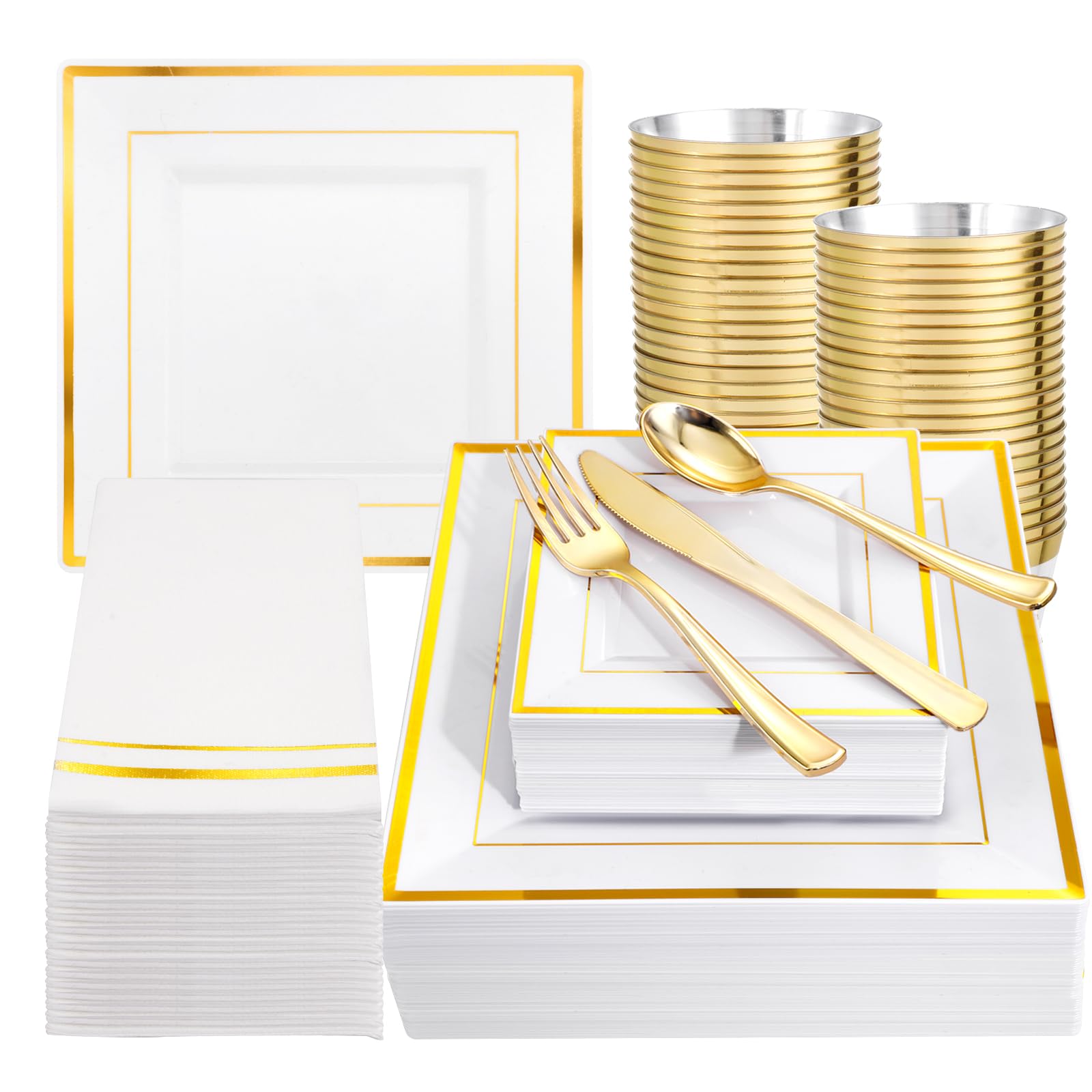 350Pcs Gold Plastic Party Plates Set - Disposable Square Gold Dinner Plates, Dessert Plates, Cups, Cutlery & Napkins for Wedding, Birthday, Anniversary Celebrations - Elegant Tableware for Special Occasions